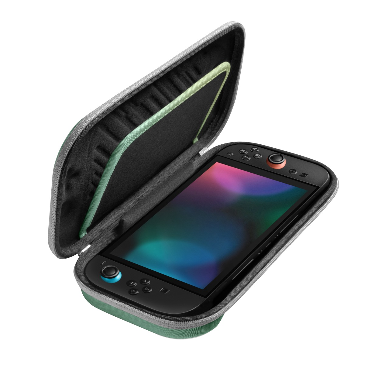 Otwarty futerał z Nintendo Switch w środku. Ekran wyświetla kolorowy obraz.