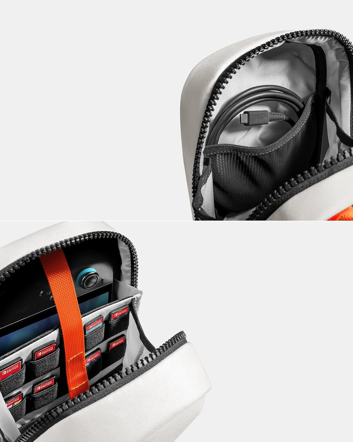 Zbliżenie otwartej torby z konsolą Switch, kartridżami i kablem. Białe tło.