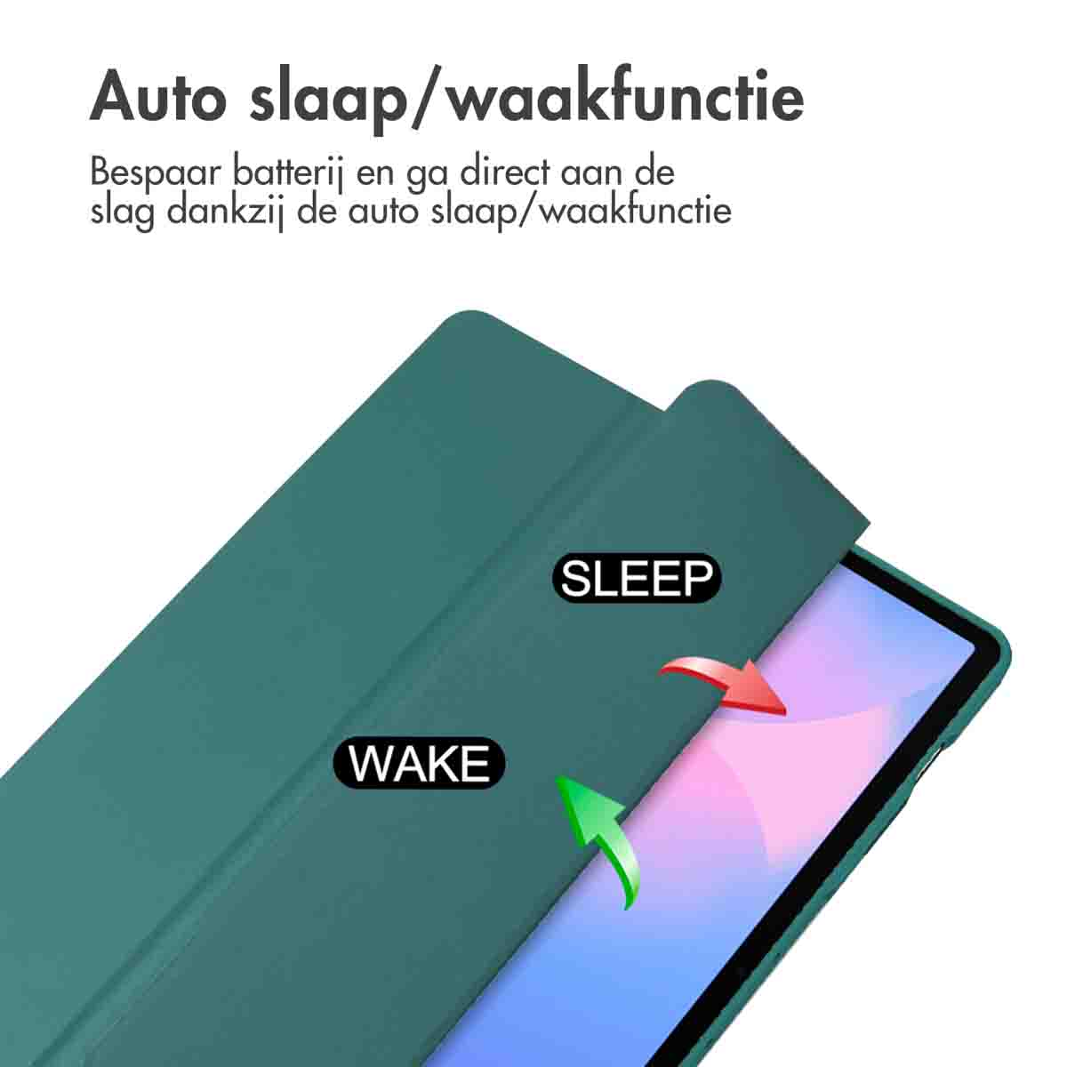 Tablet with a green cover displaying text about sleep/wake function. White background.