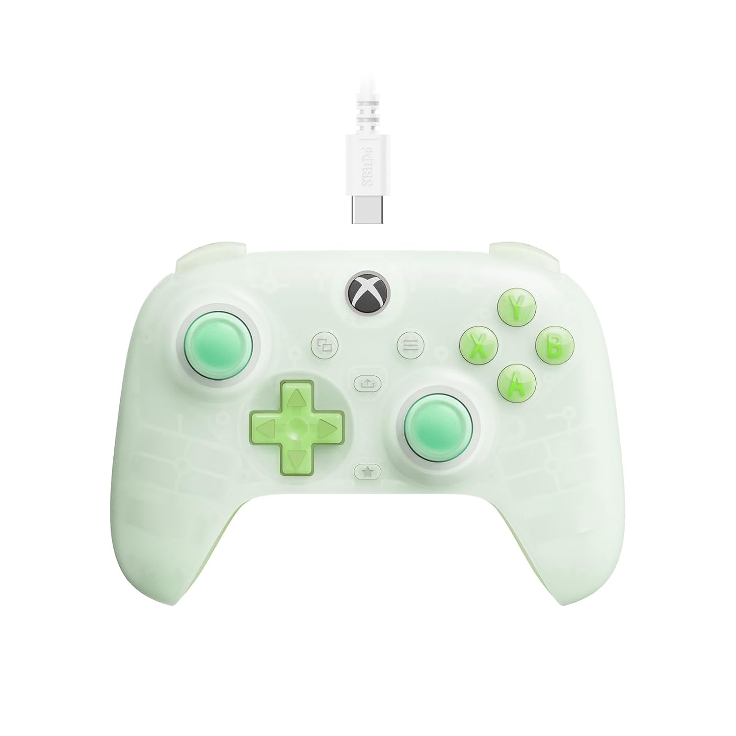 Controller Xbox verde chiaro con pulsanti verdi e un cavo USB bianco. Il controller ha un effetto luminoso.