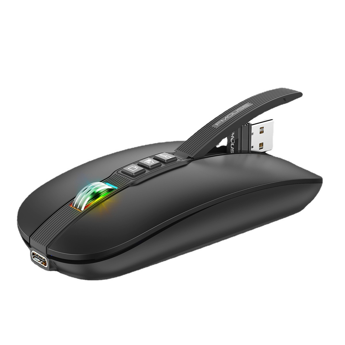 Schwarze, kabellose Maus mit USB-Empfänger. Die Maus hat einen Ladeanschluss und mehrfarbiges Licht.