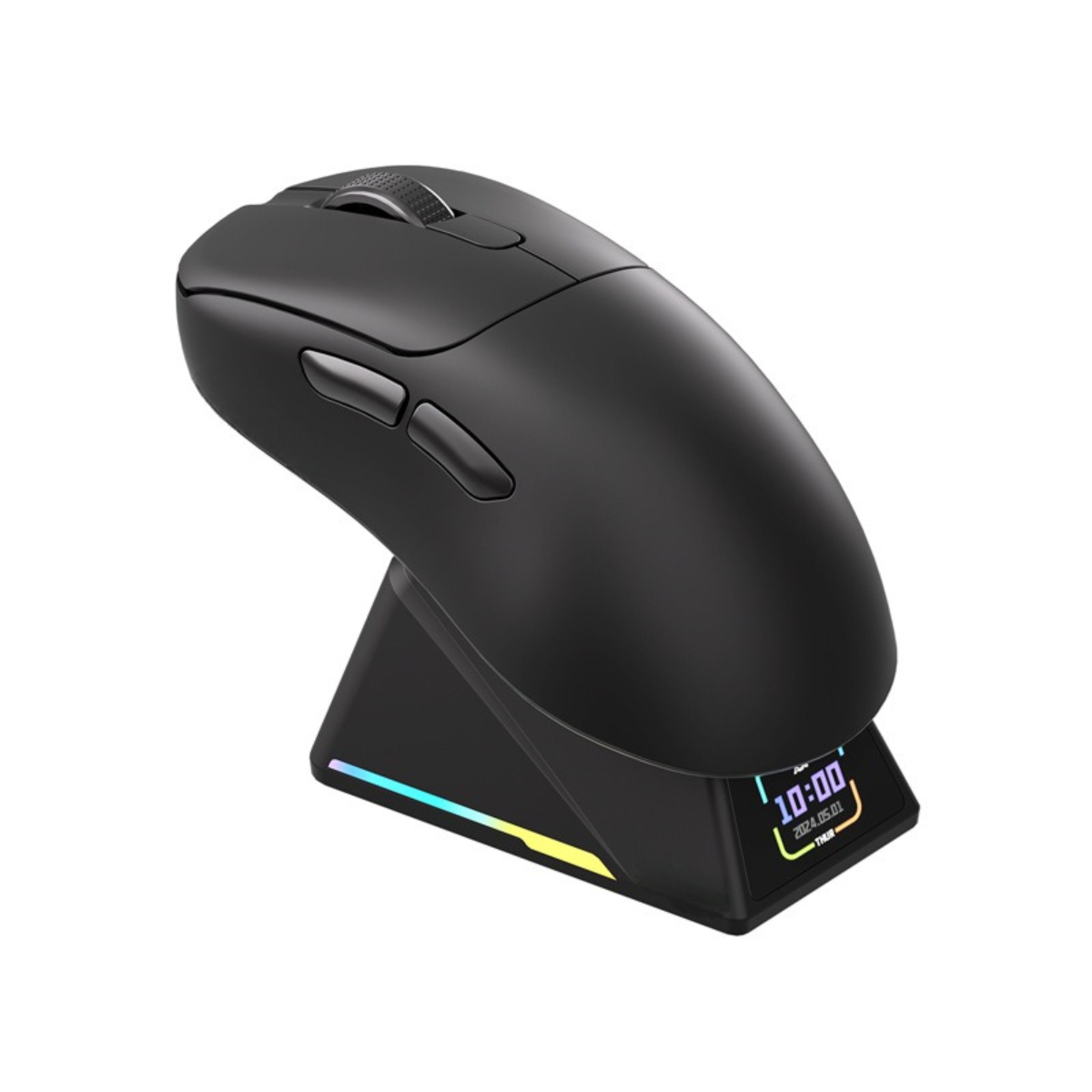 Schwarze, kabellose Maus auf einer Ladestation. Der Ständer hat einen Bildschirm mit Uhrzeit und RGB-Licht.