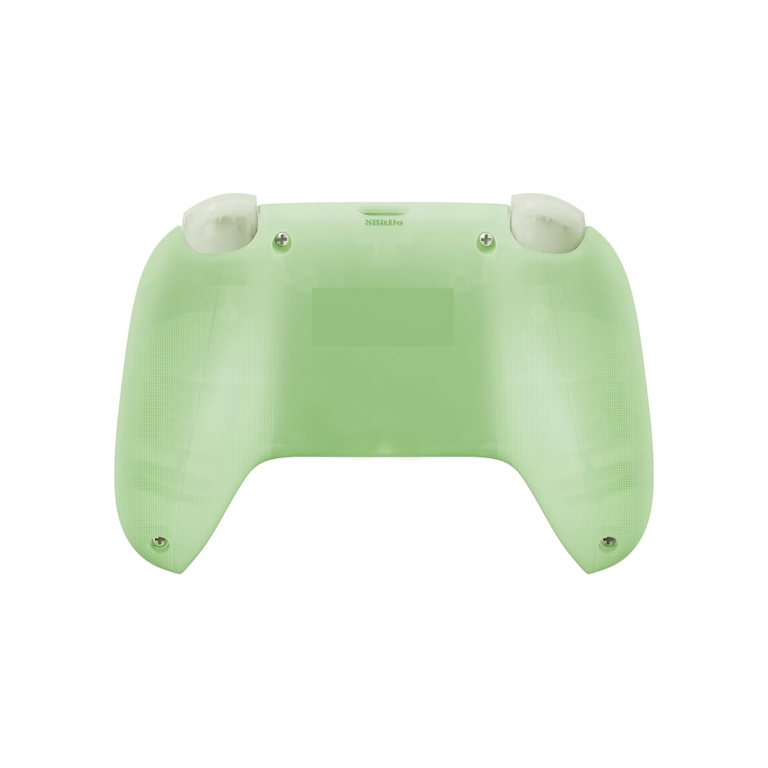 Un gamepad verde chiaro, visto da dietro, con due levette bianche e quattro teste di vite.