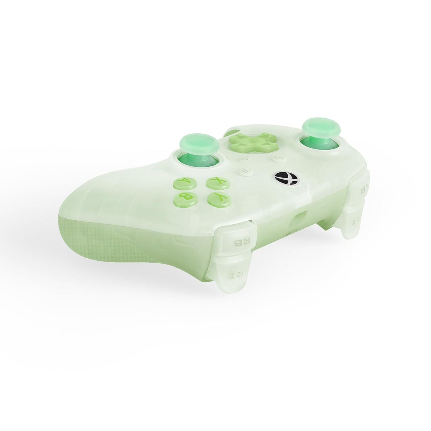 Controller Xbox verde chiaro, vista angolata. I pulsanti sono verdi, il logo Xbox è visibile e il controller brilla.