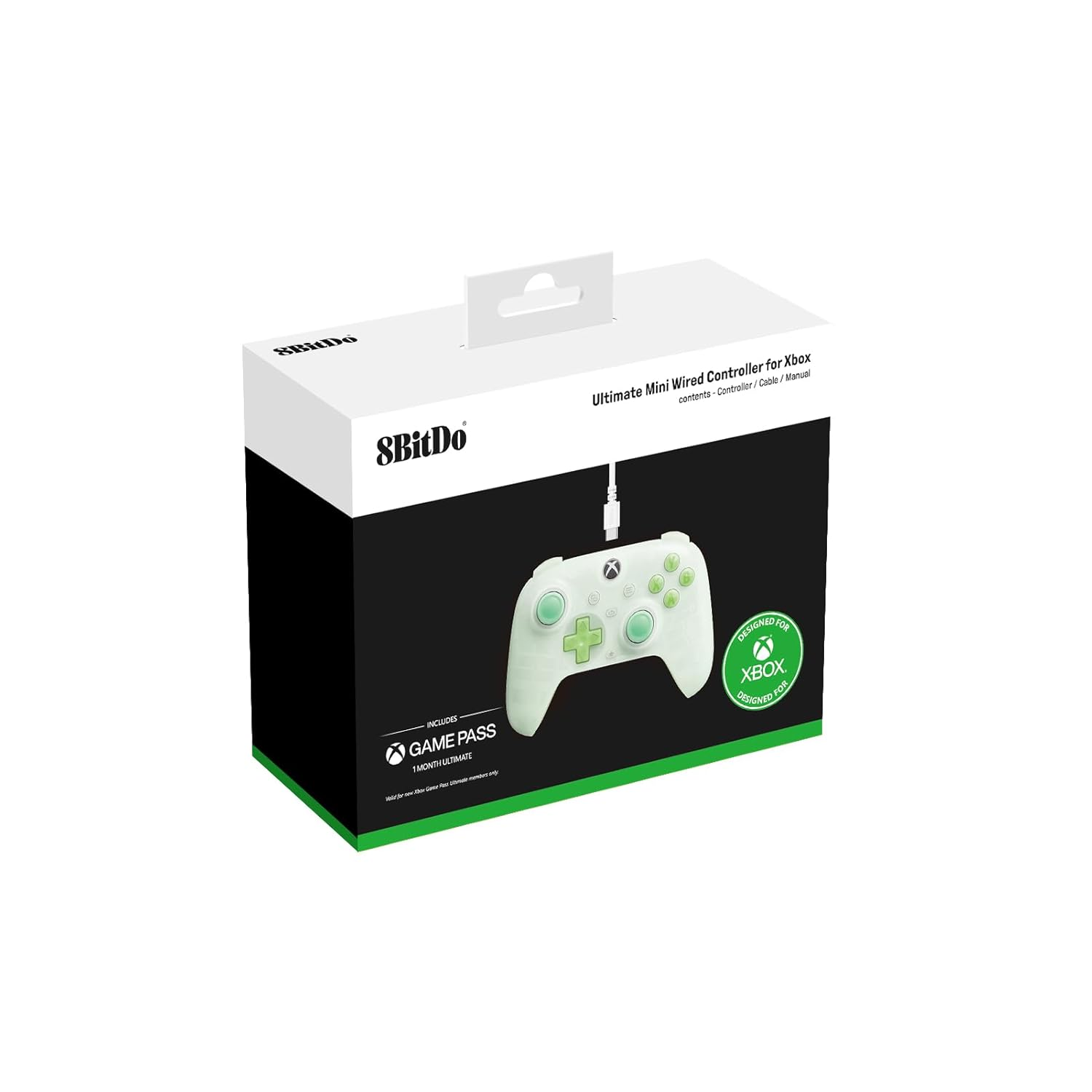 Una scatola bianca e nera con un gamepad bianco all'interno. La scatola dice 8BitDo e include un Game Pass.