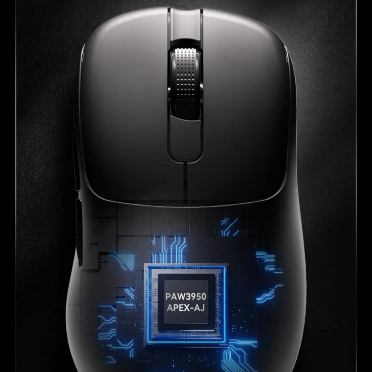 Eine schwarze Maus mit Detailansicht des internen Chips, beschriftet mit PAW3950 APEX-AJ, und Schaltungsdesign.