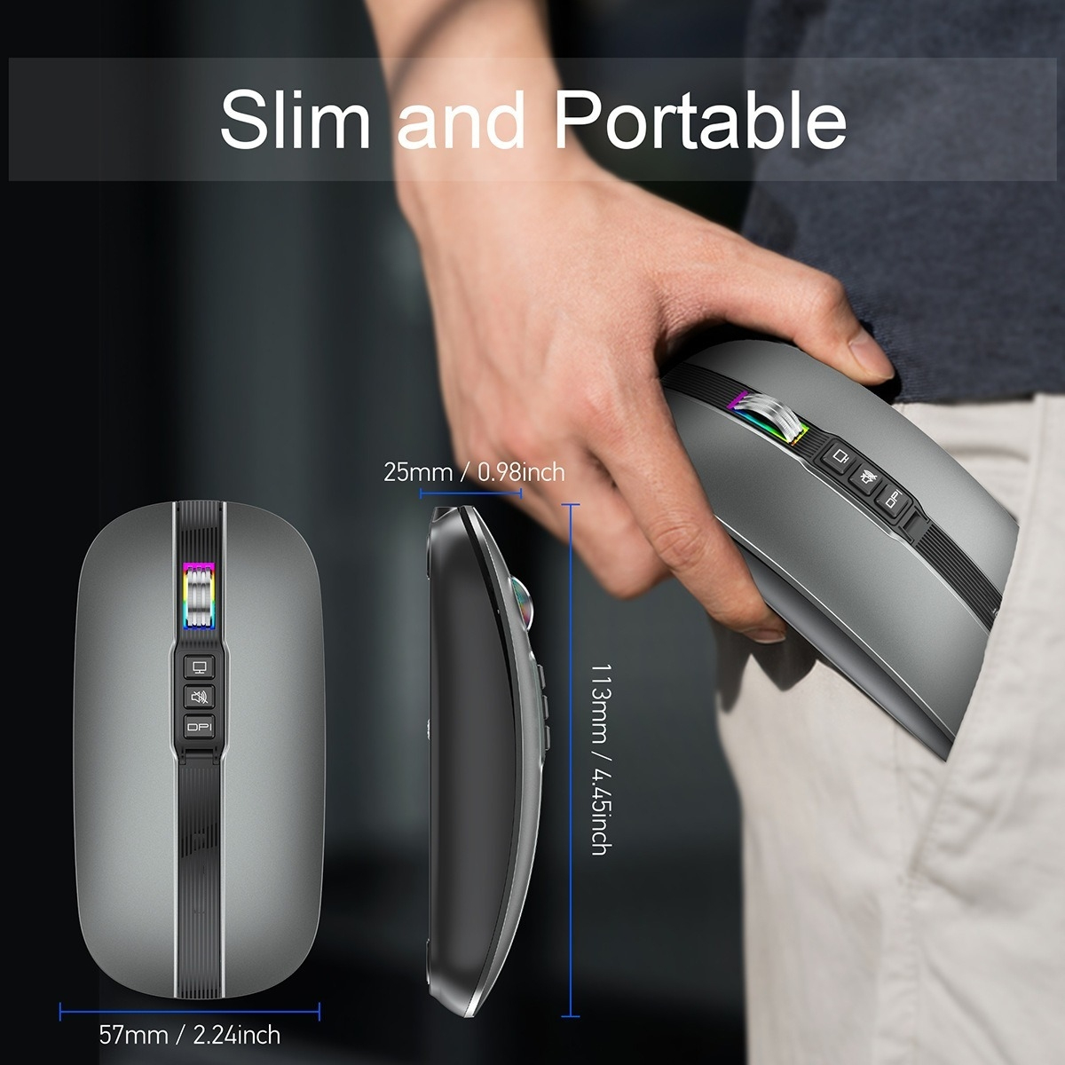 Eine Person hält eine graue drahtlose Maus. Die Maus ist ergonomisch mit Tasten und einem Scrollrad.
