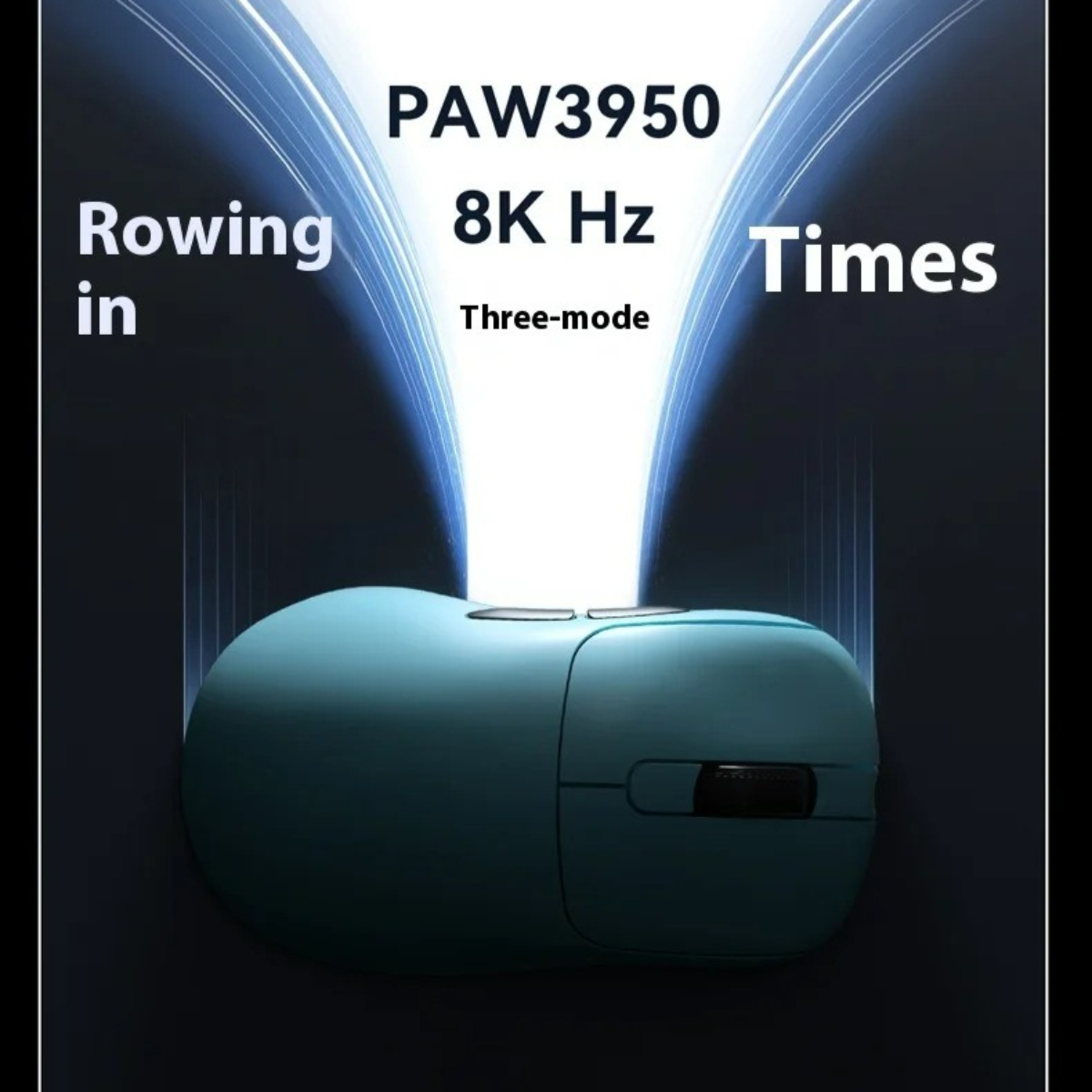 Eine hellblaue Maus mit Text über PAW3950 8K Hz. Drei-Modus-Maus.