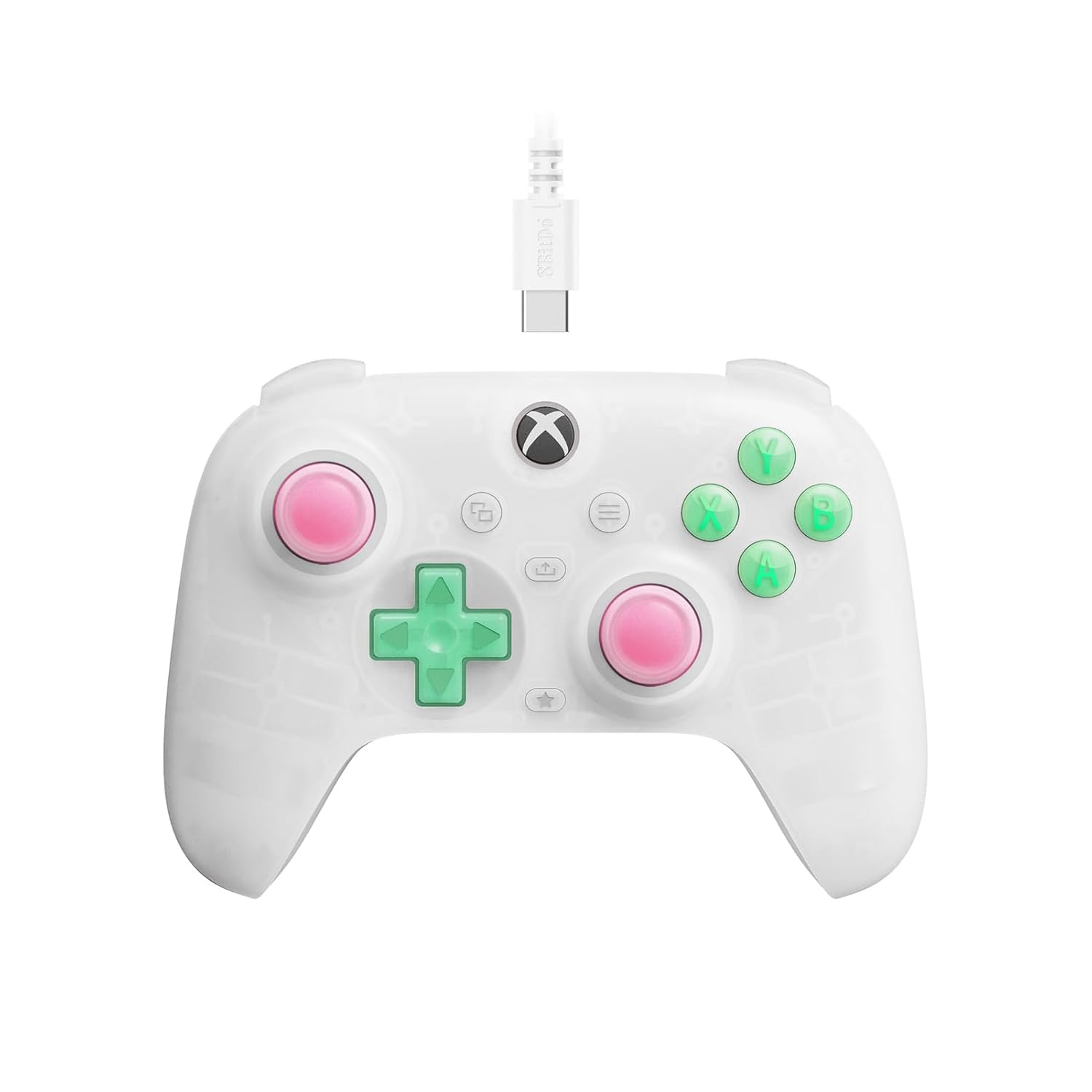 Un controller di gioco bianco con pulsanti rosa e verdi, collegato a un cavo bianco.