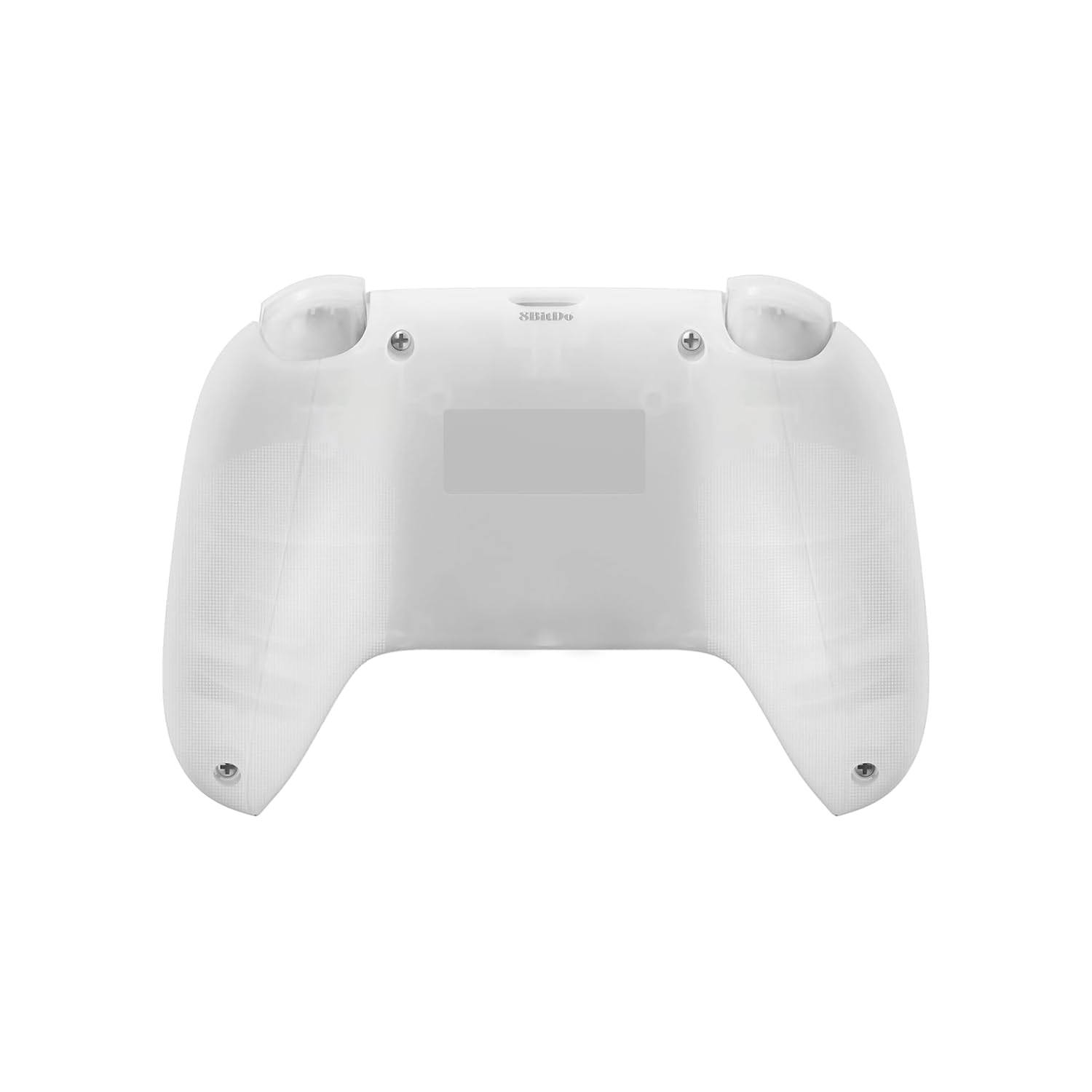 Retro di un controller di gioco bianco con viti visibili.