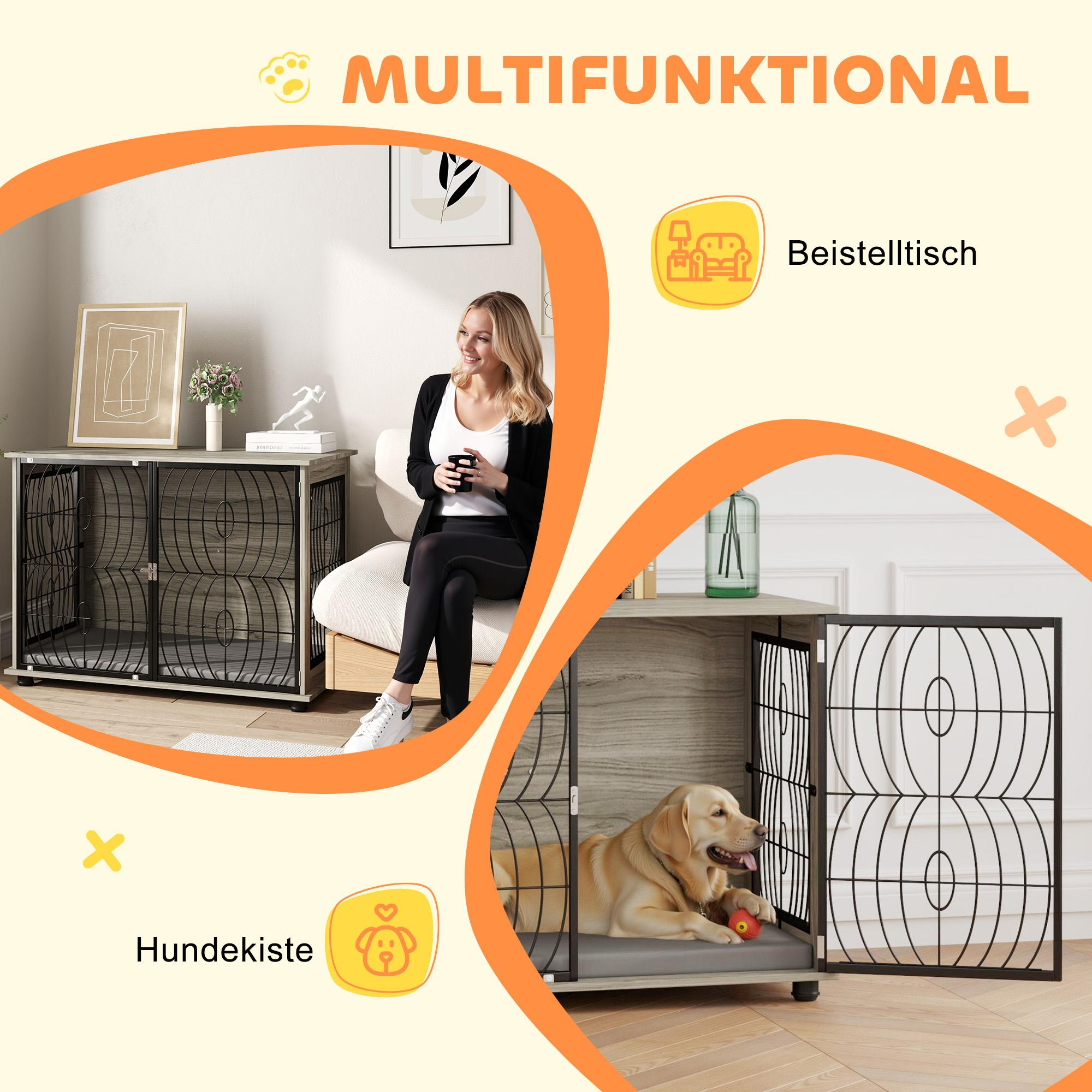Ein Bild, das eine Frau zeigt, die neben einer Hundebox sitzt, wobei die Box geöffnet ist.
