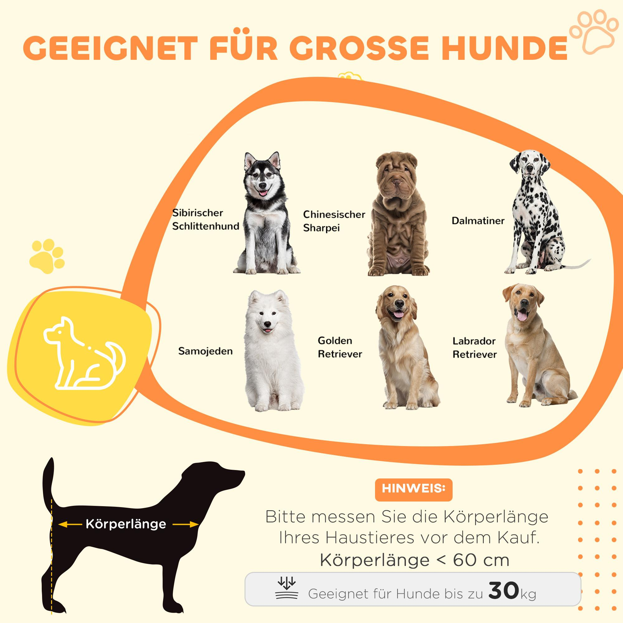 Bild zeigt mehrere Hunderassen mit Text 'Geeignet für große Hunde' und 'Körperlänge <lt/> 60 cm'.