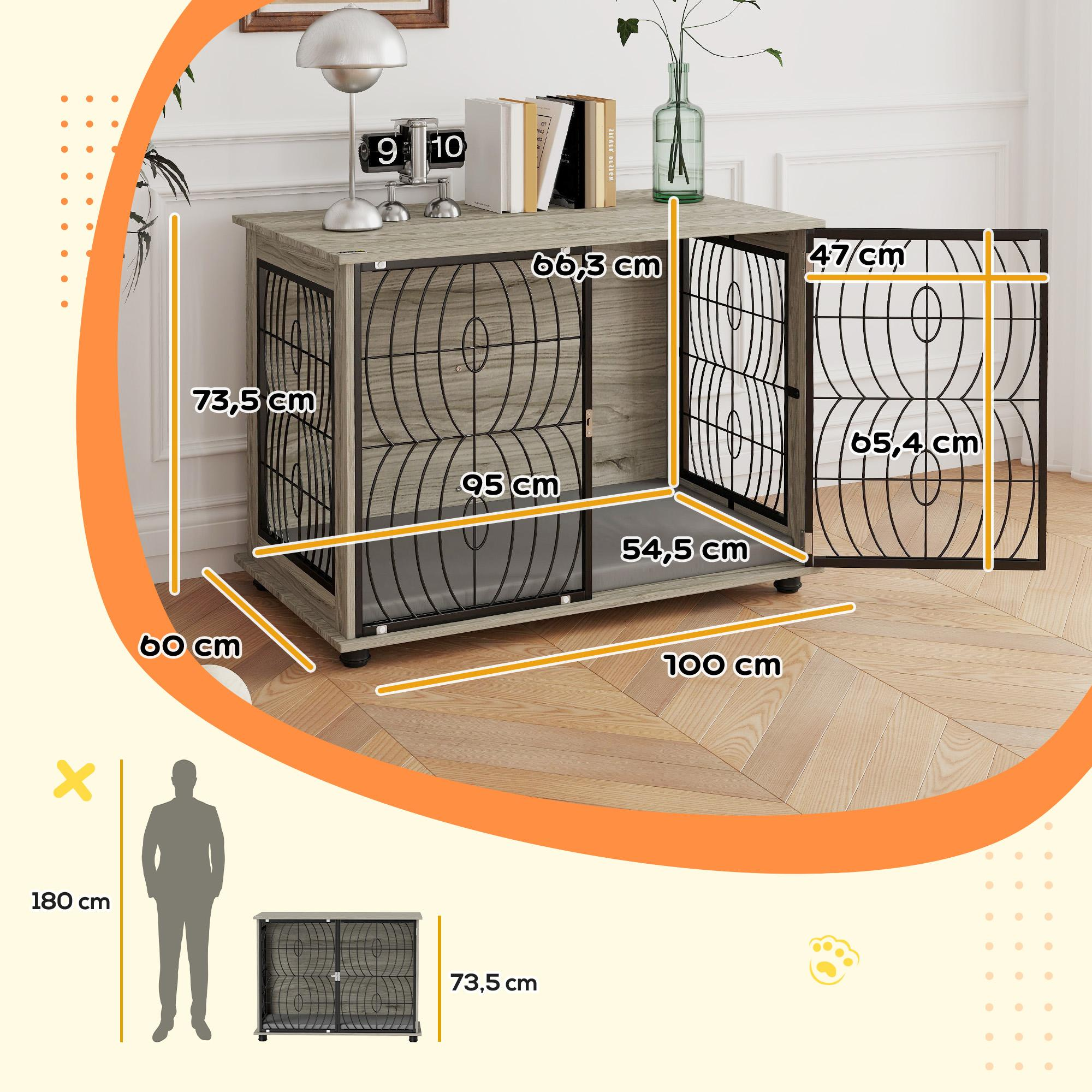 Eine hölzerne Haustierbox mit offenen Türen und beschrifteten Abmessungen. Eine Person Silhouette ist links.