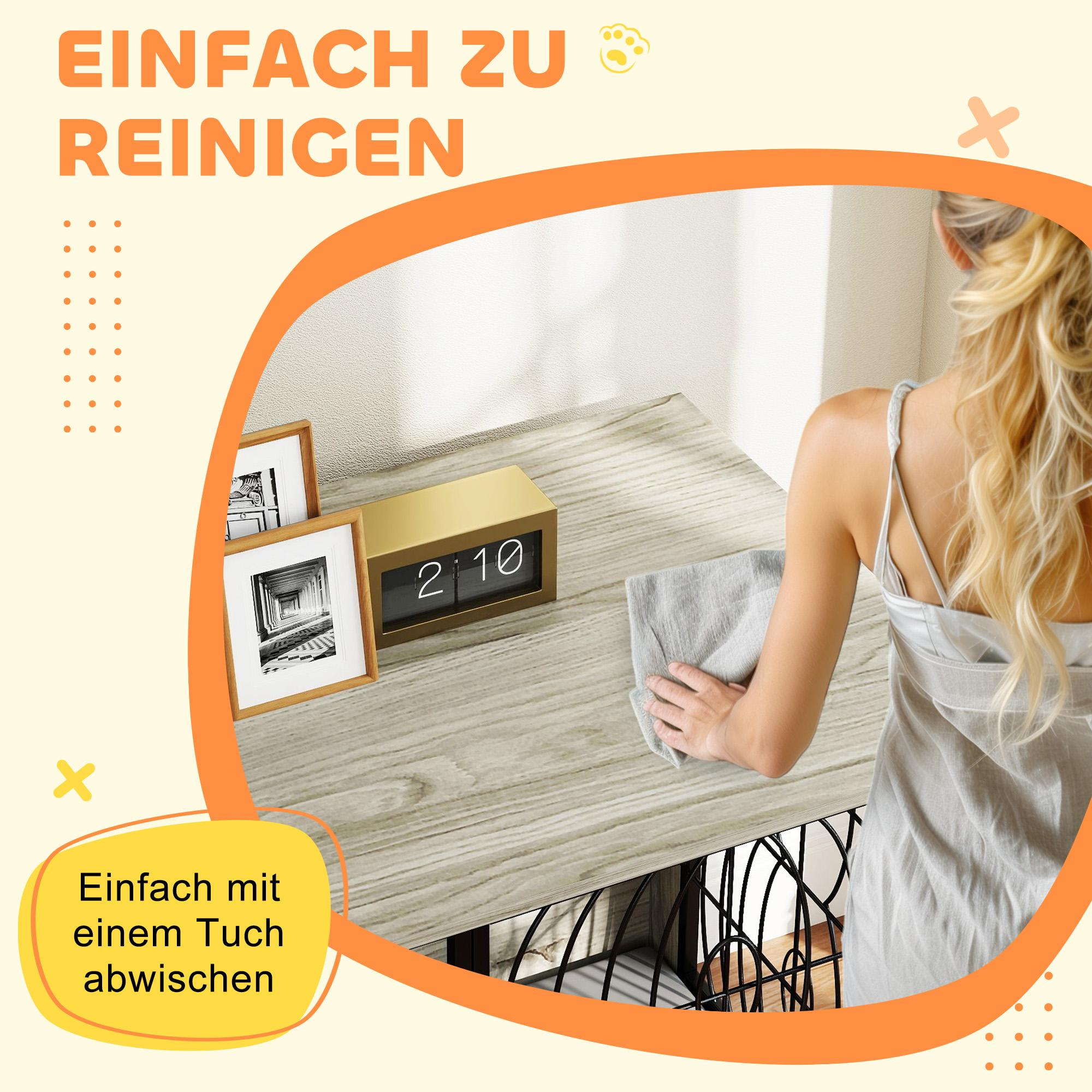 Eine Frau reinigt einen Holztisch mit einem Tuch. Auf dem Tisch Bilder und eine Uhr. Text: 'Leicht zu reinigen'.
