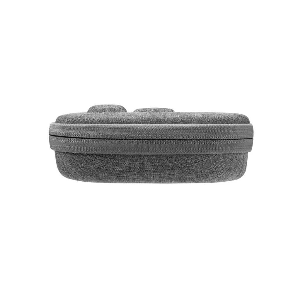 Szara, owalna walizka z zapięciem na zamek błyskawiczny, widok z boku.