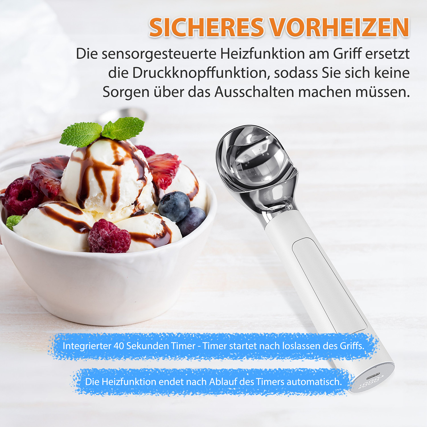 Ein Eisportionierer mit Text. Links eine Schale Eis mit Toppings. Text in Deutsch.