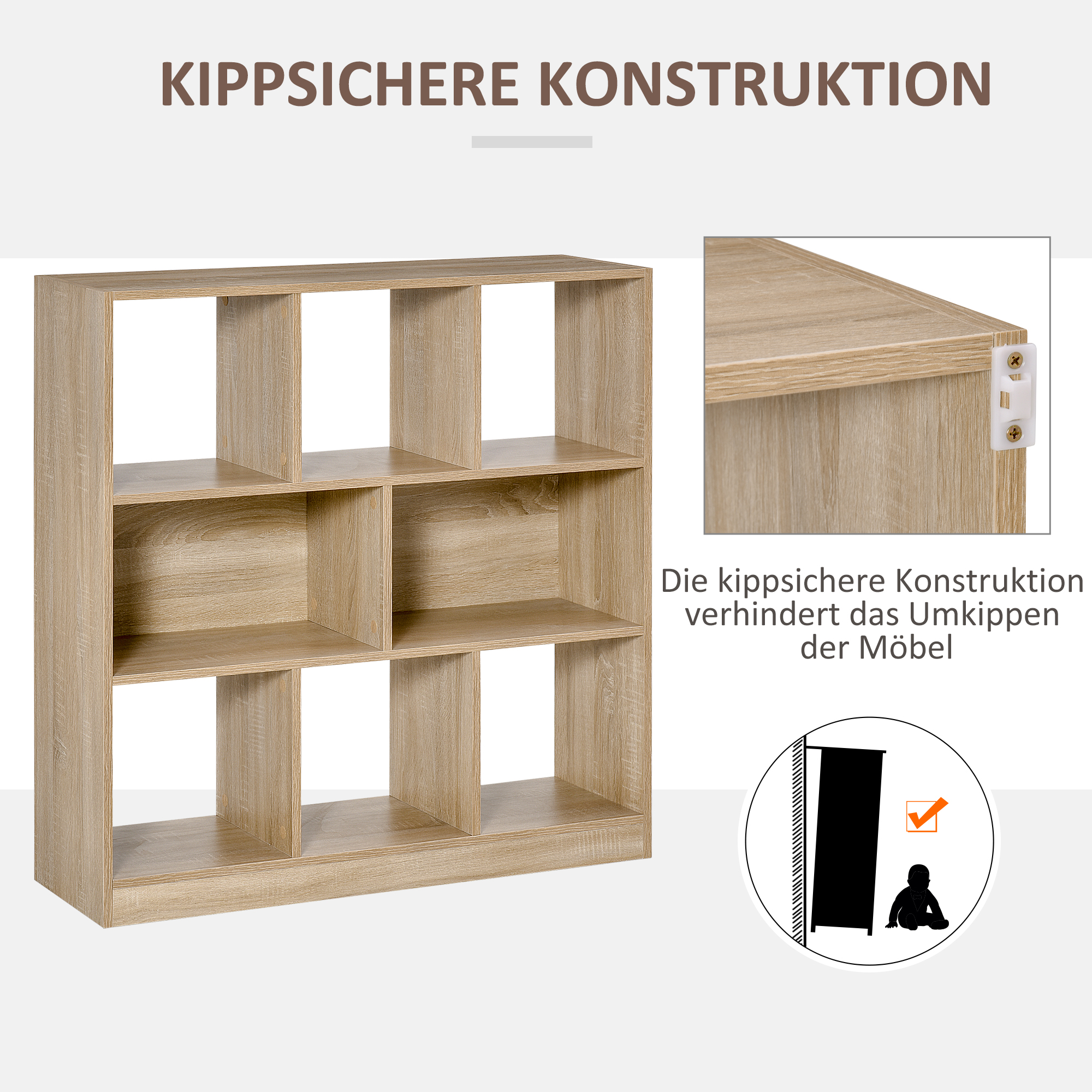 Bücherregal aus Holz mit mehreren Fächern. Eine Nahaufnahme zeigt eine Eckverbindung mit einer kleinen Schraube.