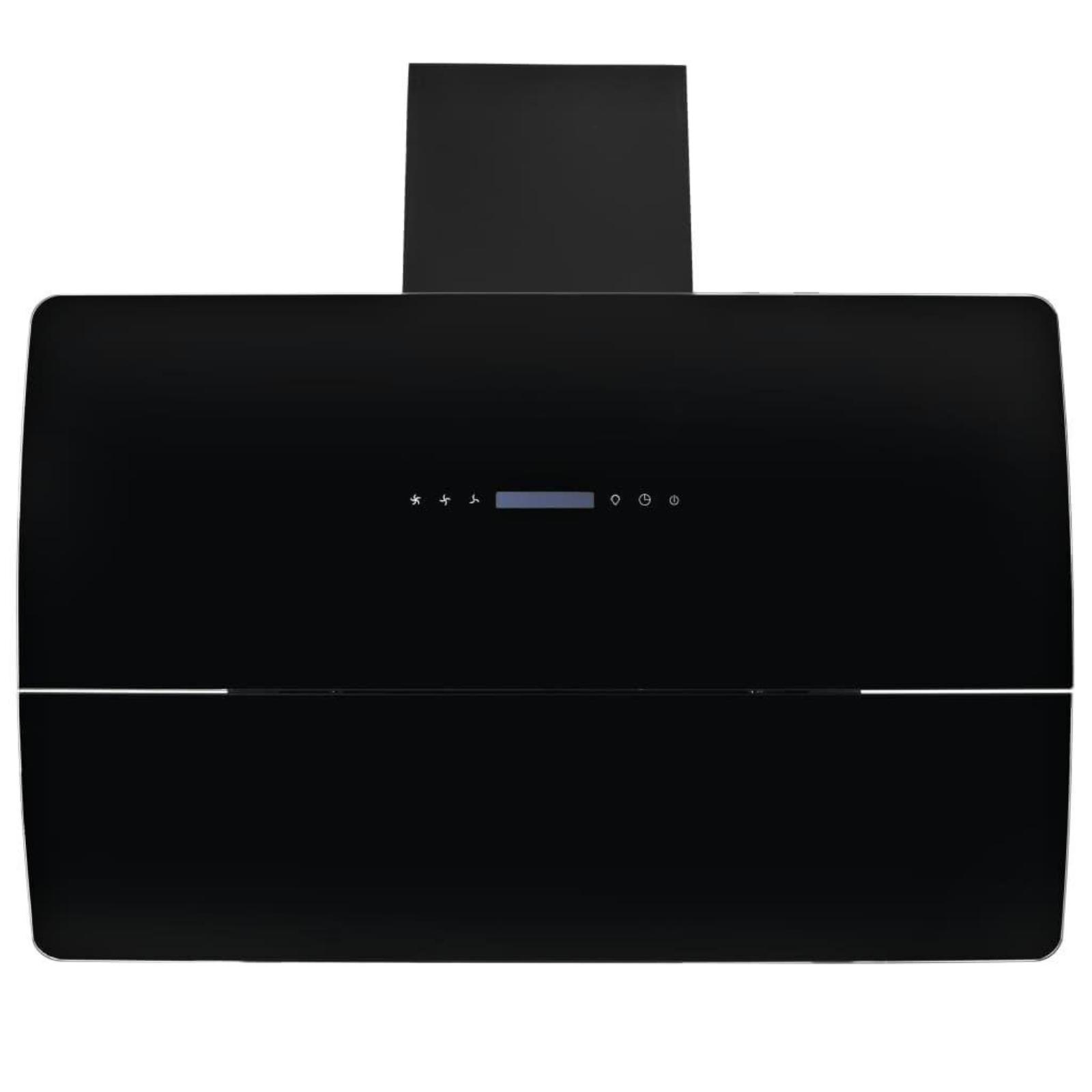 Eine schwarze Dunstabzugshaube mit digitaler Anzeige. Der Hintergrund ist weiß. Das Design ist modern.