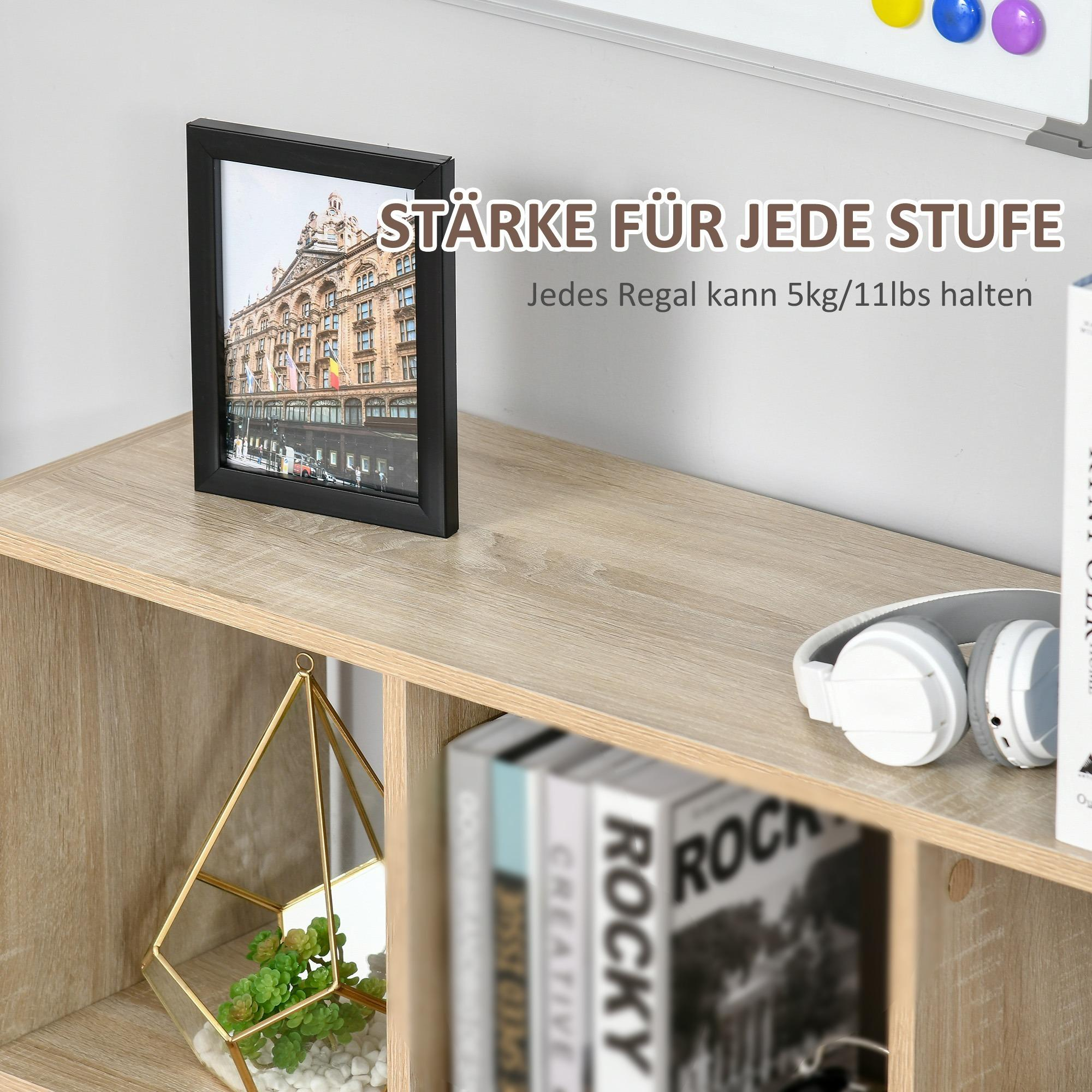 Bücherregal aus Holz mit Gegenständen oben. Ein gerahmtes Bild, ein Deko-Artikel und Bücher sind sichtbar.