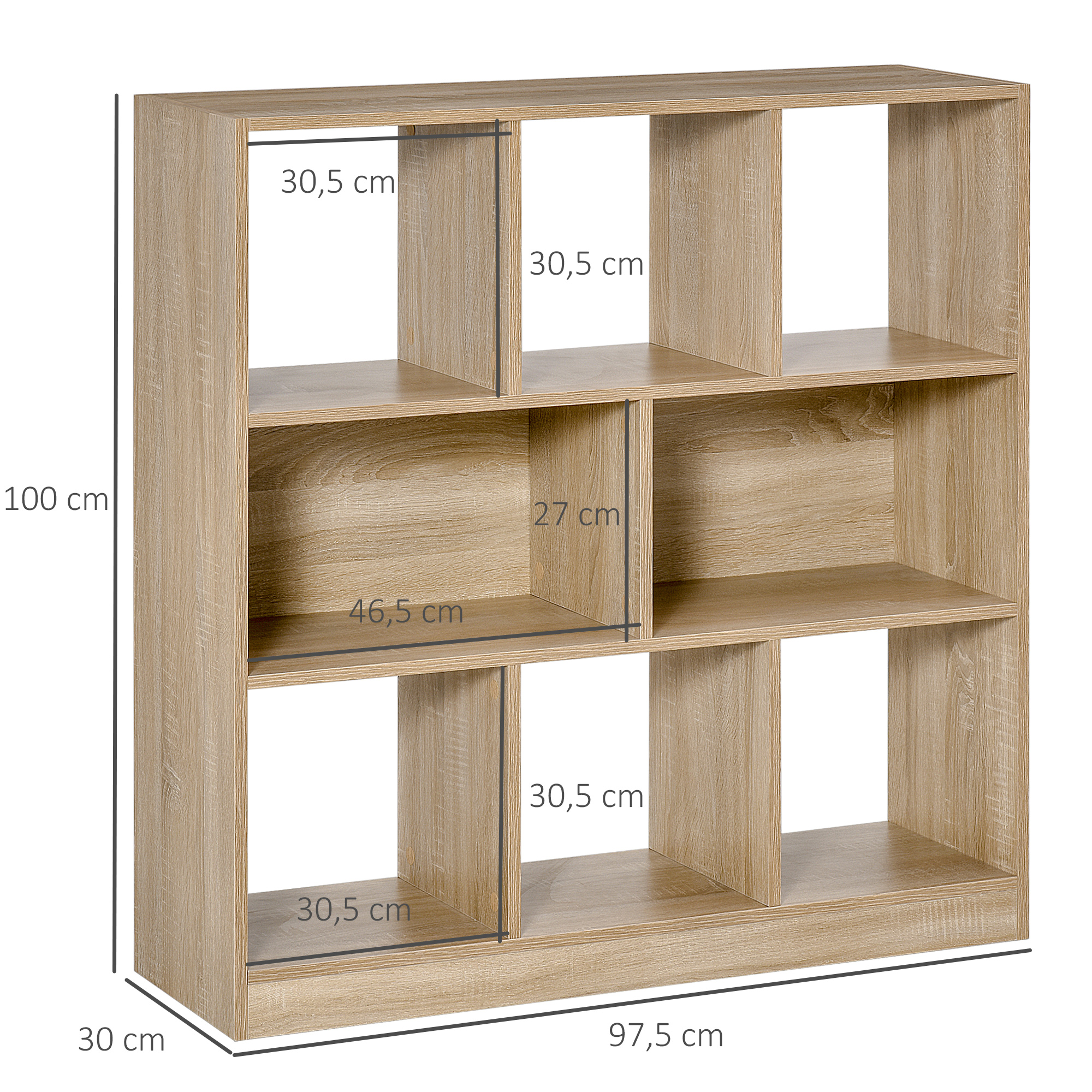 Bücherregal aus Holz mit Maßangaben. Es hat mehrere Fächer und einen Sockel.