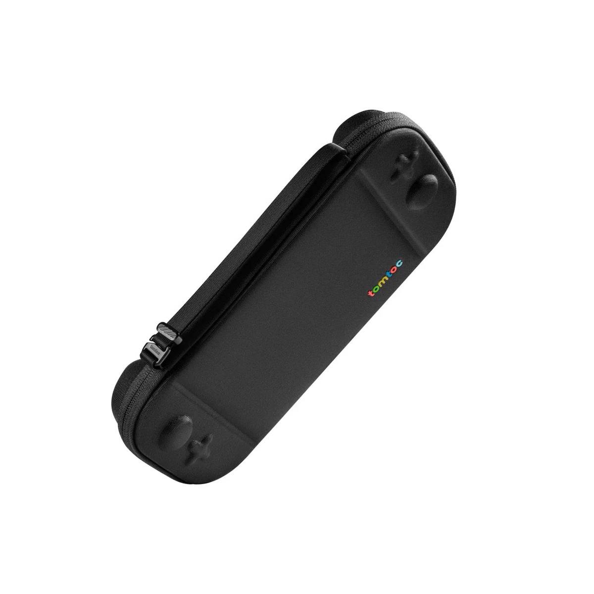 Czarny futerał z motywem Nintendo Switch. Futerał ma zamek błyskawiczny, a marką jest tomtoc.