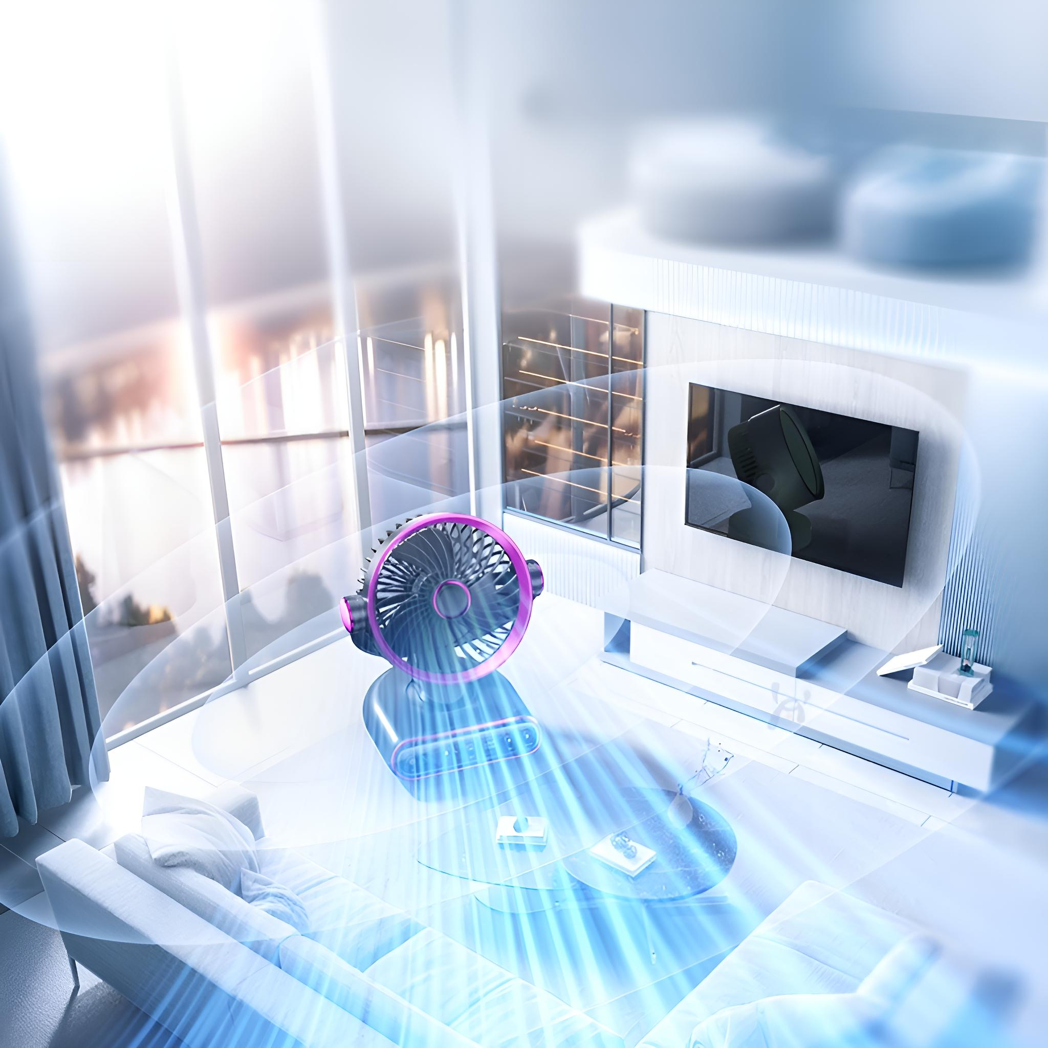 Ein modernes Wohnzimmerinterieur mit einem Ventilator auf einem Couchtisch. Im Hintergrund befinden sich ein Fenster und ein Fernseher.