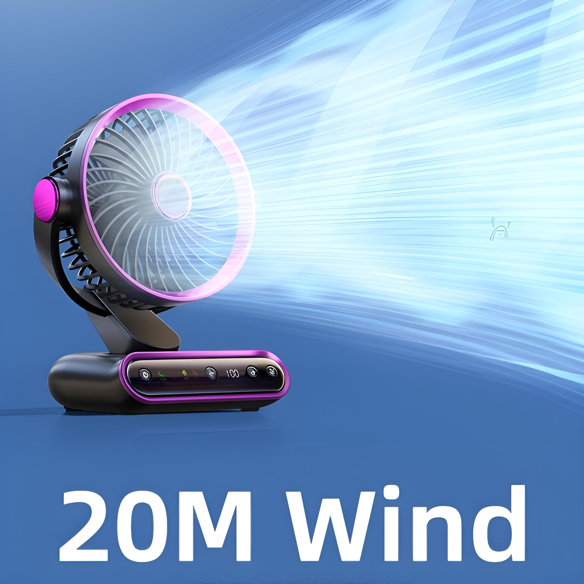 Ventilator mit rosa Akzenten, der einen Luftstrom projiziert. Der Text lautet 20M Wind.