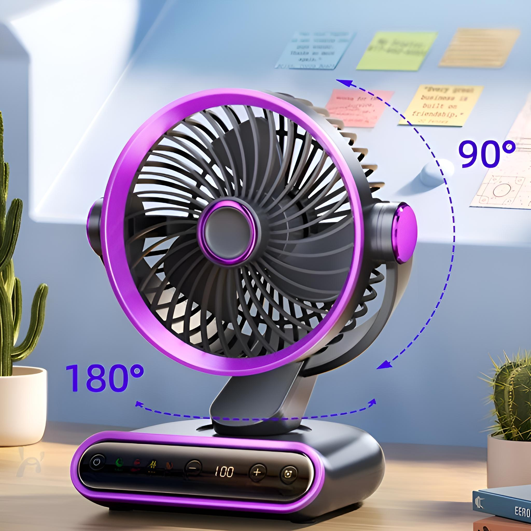 Ein lila-schwarzer tragbarer Ventilator auf einem Schreibtisch. Er hat eine kreisförmige Form und ein digitales Display.