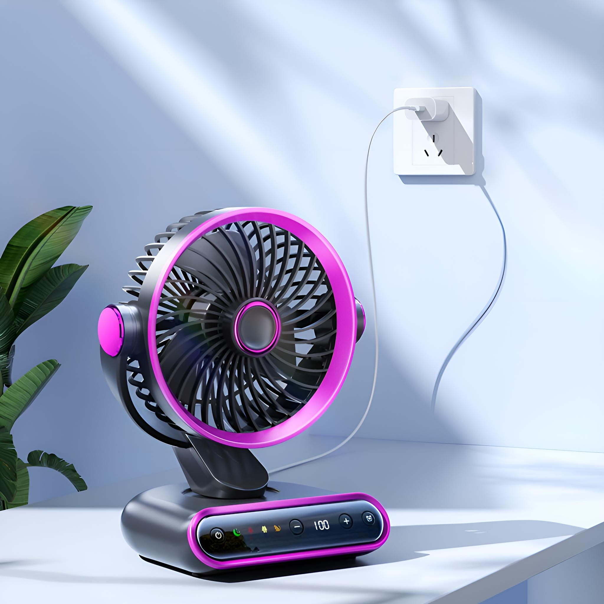 Ein schwarz-rosa Ventilator steht auf einer weißen Oberfläche und ist an eine Steckdose angeschlossen. Der Ventilator hat ein Digitaldisplay.