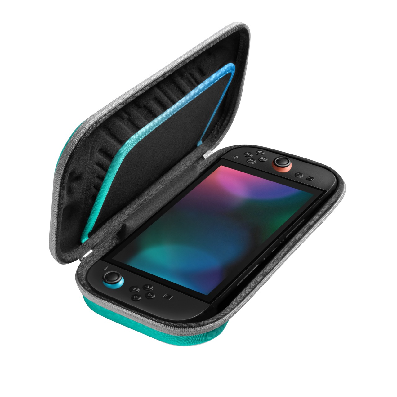 Konsola do gier w częściowo otwartym turkusowo-czarnym etui. Ekran jest widoczny, z dołączonymi kontrolerami.