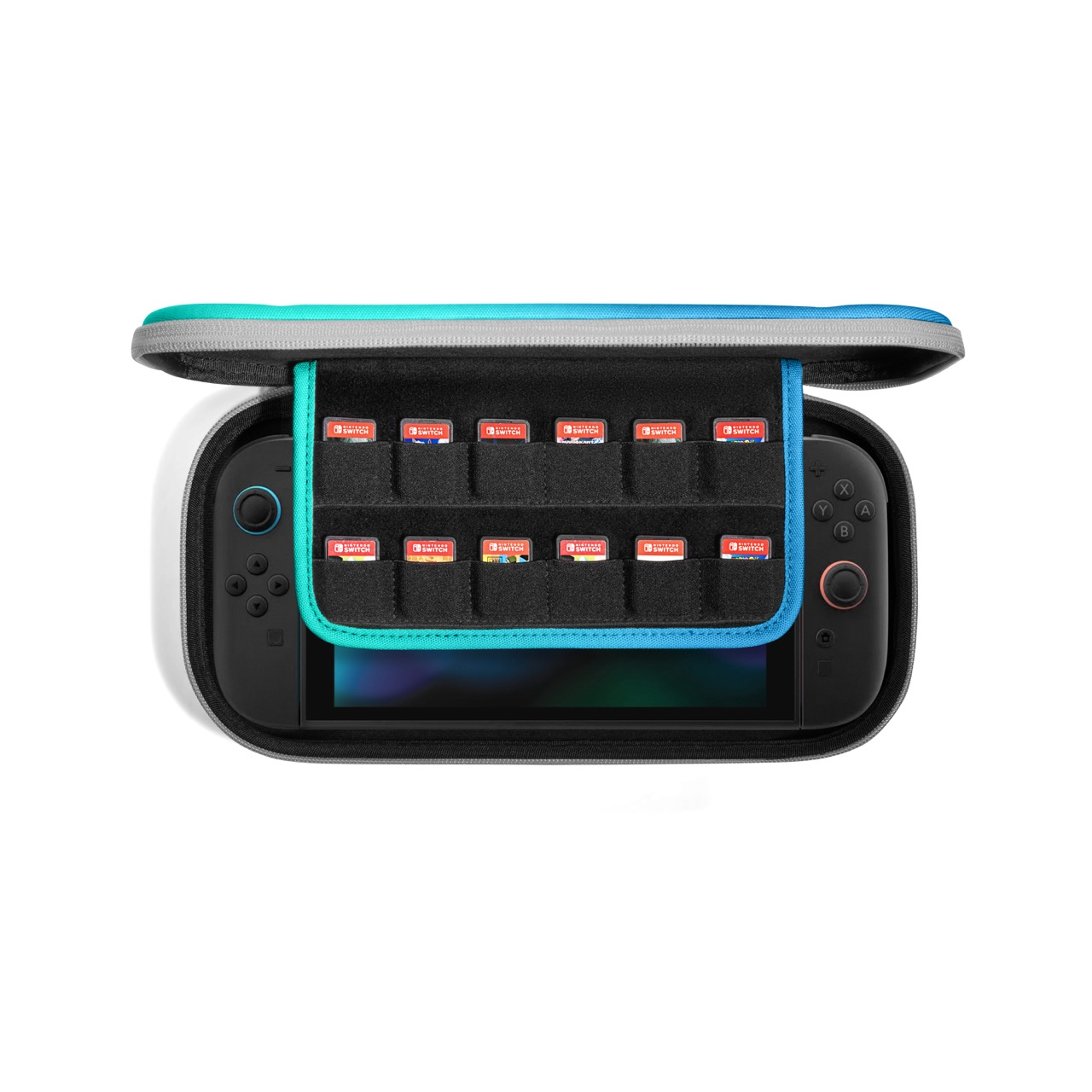 Czarno-niebieska walizka do przenoszenia urządzenia do gier, otwarta, aby odsłonić kartridże do gier w uchwycie.