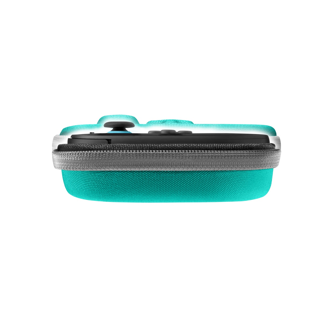 Konsola do gier w turkusowo-czarnym etui. Etui jest zamknięte, widoczne są kontrolery.