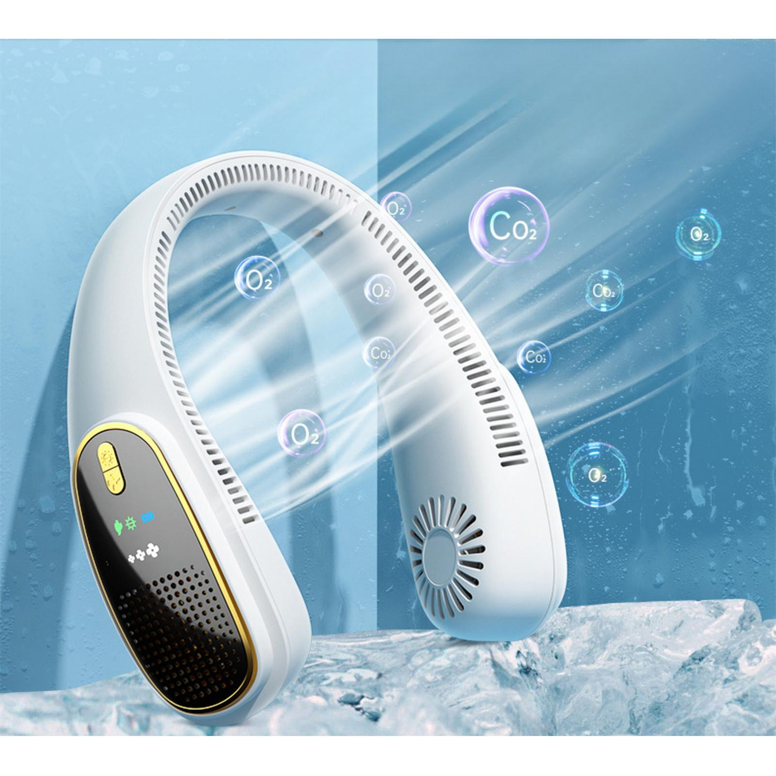 Ein weißer Nackenventilator mit goldenen Akzenten, umgeben von Eis und Blasen mit 'O2' und 'Co2'. Blauer Hintergrund.