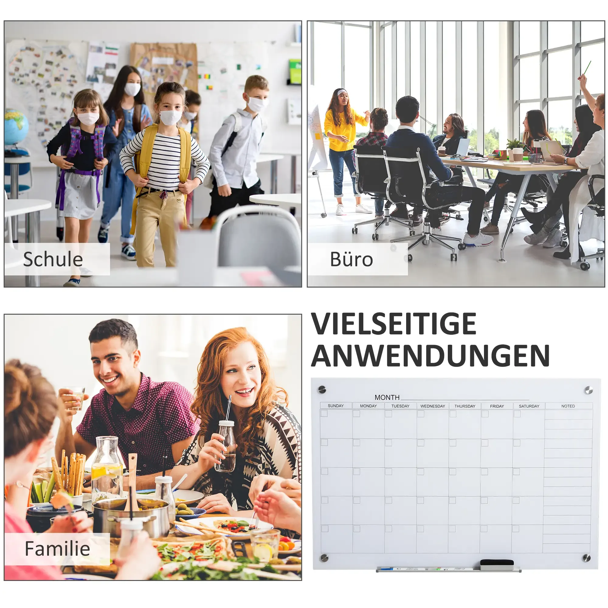 Eine Collage mit Bildern von Schule, Büro, Familie und Whiteboard-Kalender. Text: 'VIELSEITIGE ANWENDUNGEN'.