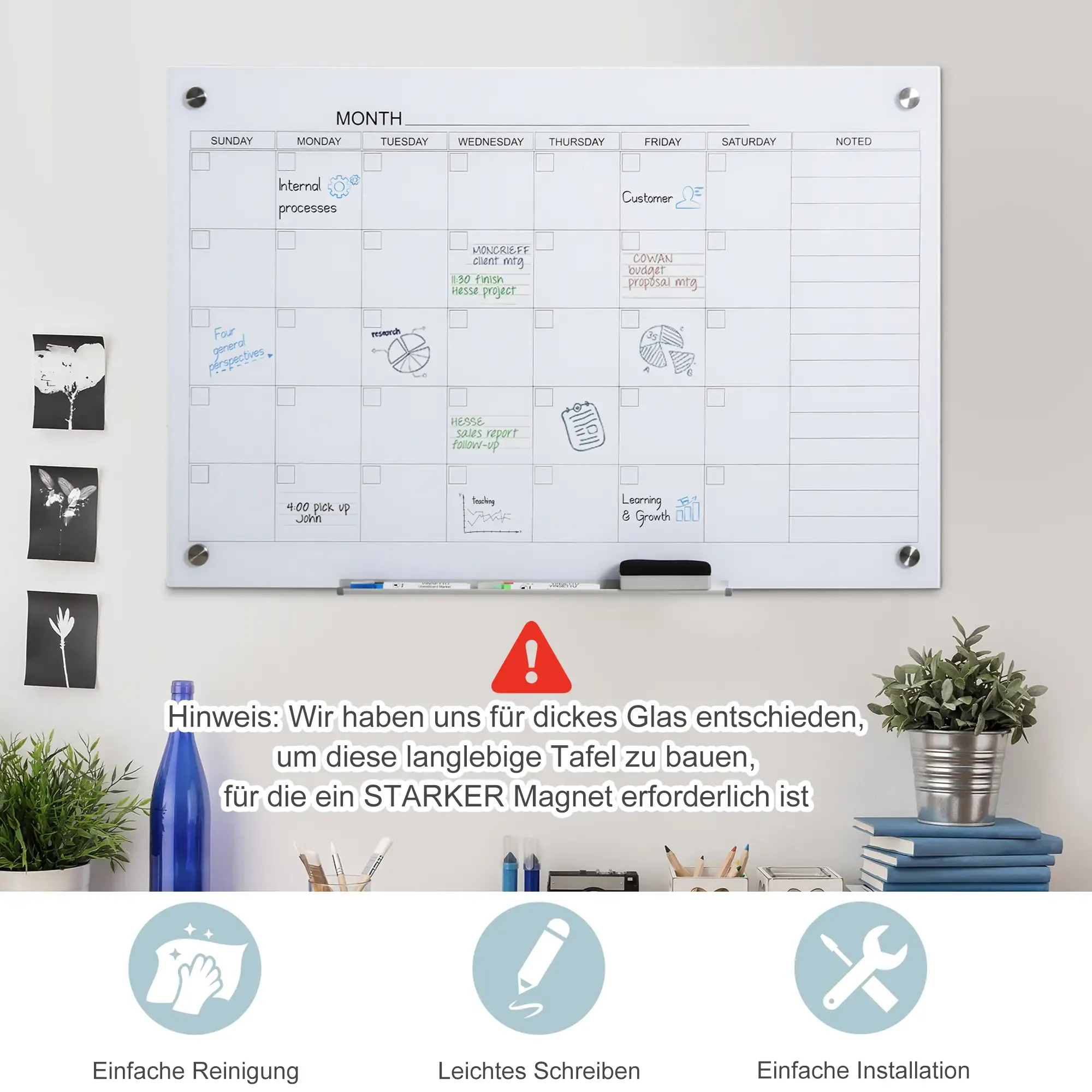 Ein Whiteboard-Kalender mit Notizen, einer Flasche, Pflanzen und Symbolen. Deutscher Text warnt vor Glasdicke.