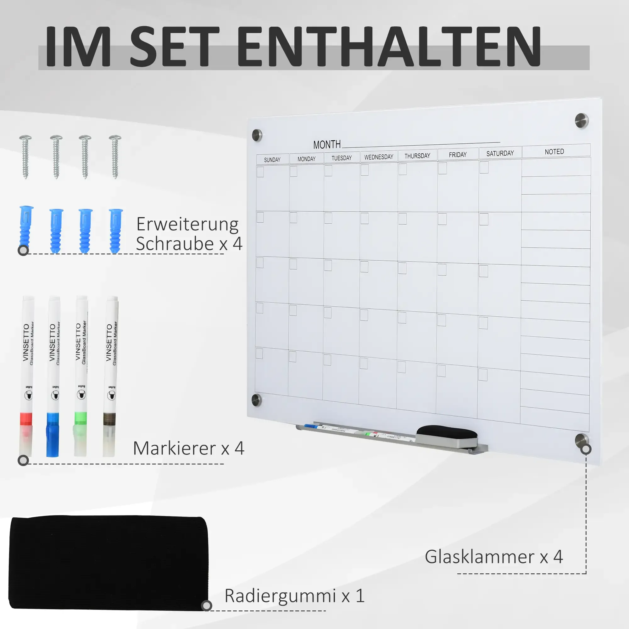 Ein Whiteboard-Kalender mit Marker, Radiergummi, Schrauben und farbigen Markern. Text: 'IM SET ENTHALTEN'.