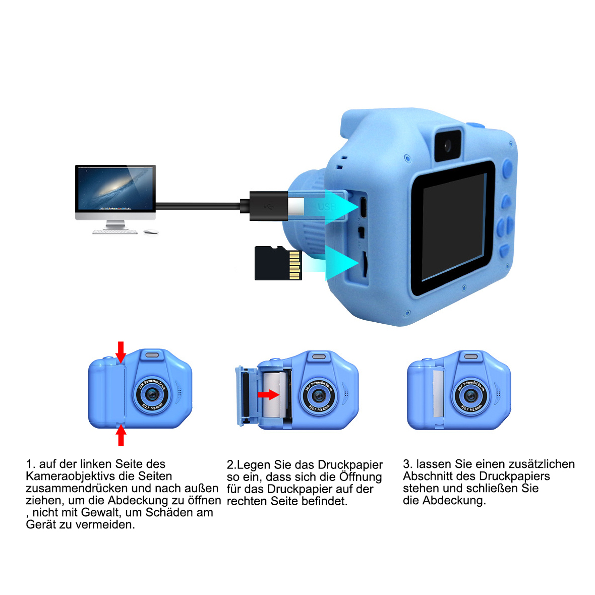 Eine blaue Kamera mit Anweisungen zum Öffnen und Einlegen des Papiers. Die USB- und SD-Kartensteckplätze sind sichtbar.