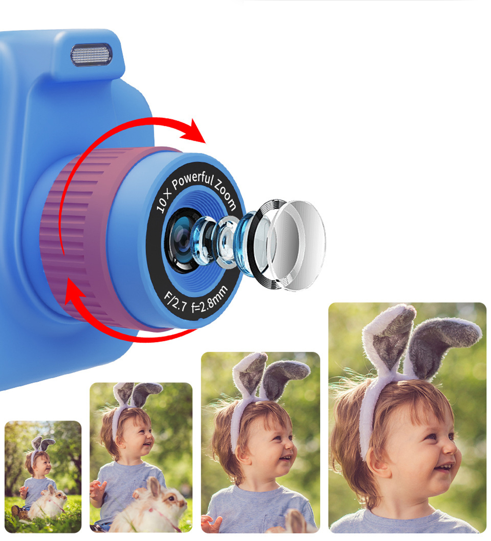 Eine blaue Kamera mit Objektivzoom und drei Bildern eines Kindes mit Hasenohren.
