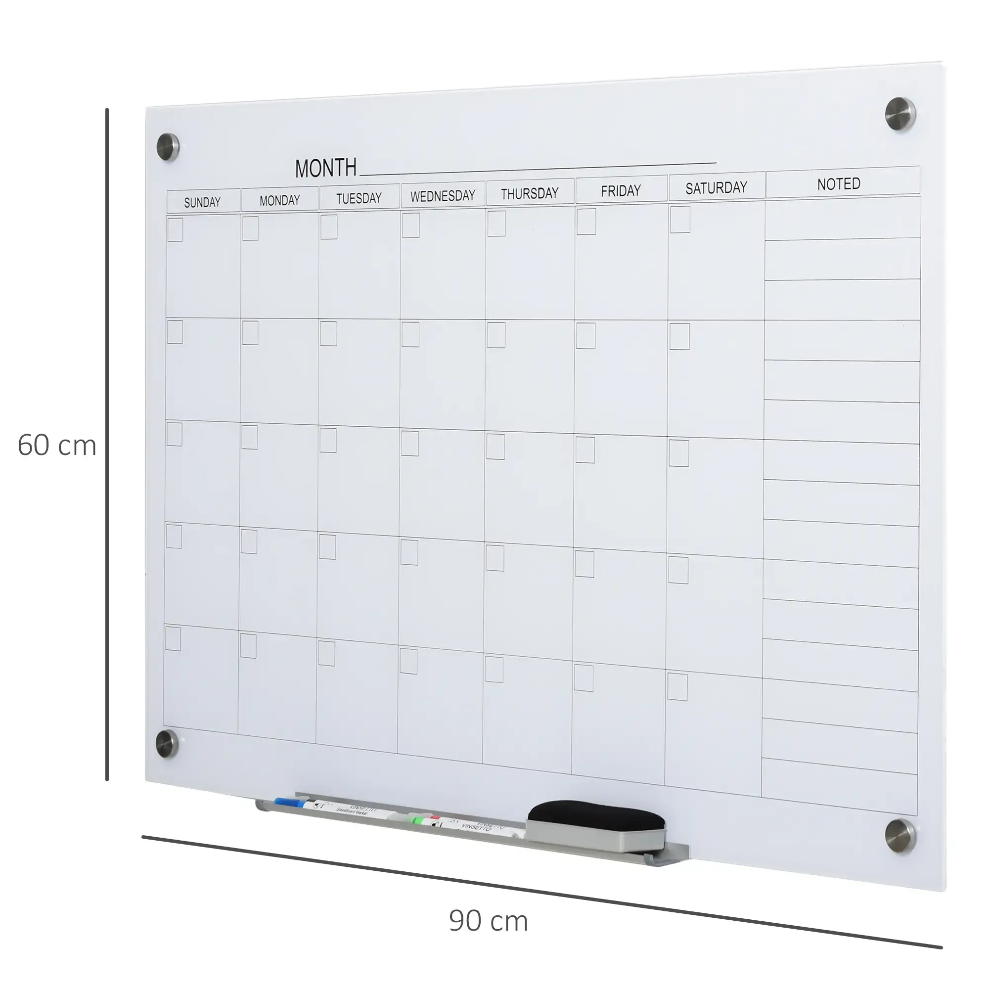 Ein durchsichtiger Acrylkalender mit silberner Hardware, einem Marker und einem Radiergummi, gestaltet mit Feldern für jeden Tag des Monats.