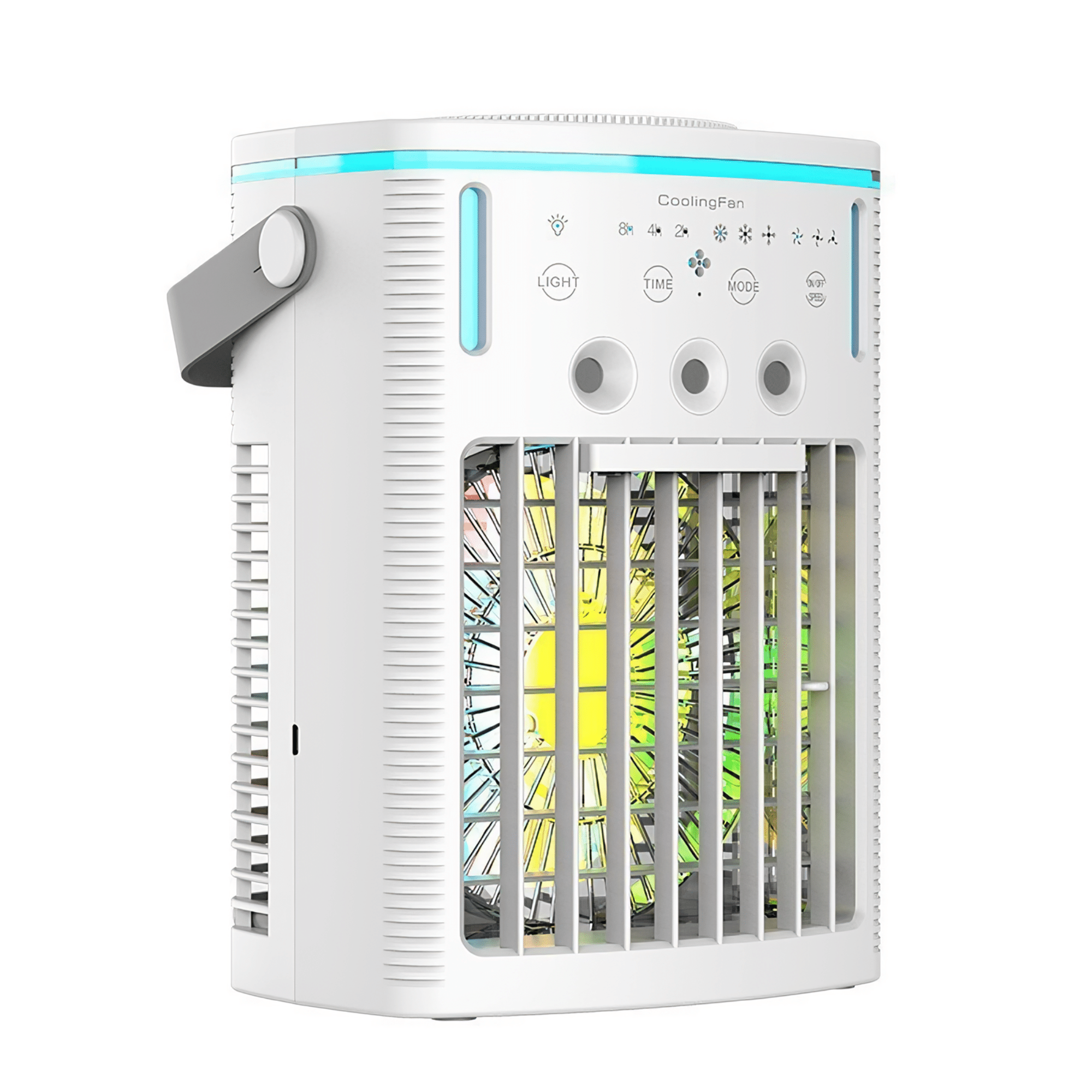 Ein weißer Kühlventilator mit mehreren Bedienelementen, Griff und bunten Lichtern im Inneren. Auf weißem Hintergrund.