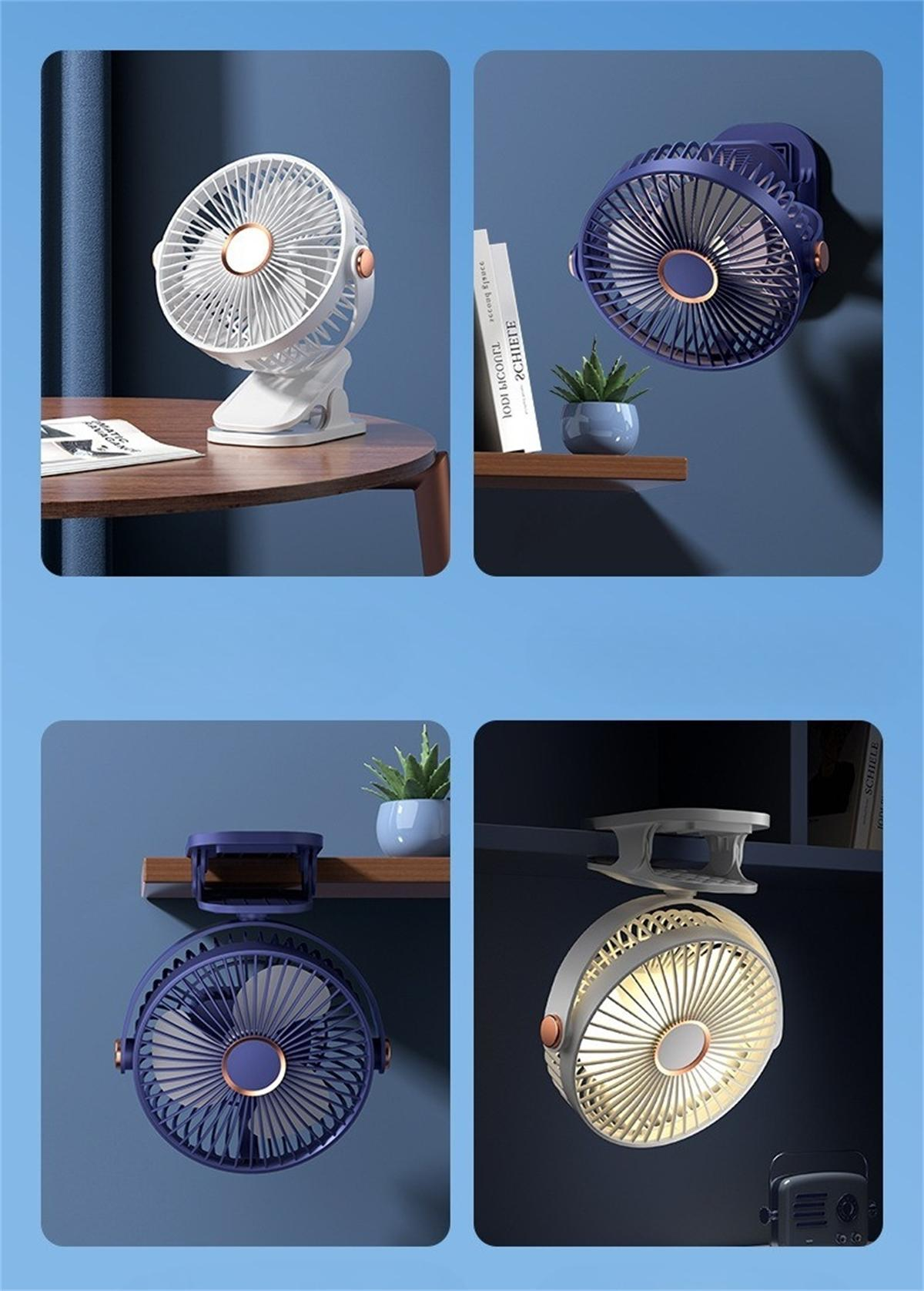 Collage eines kleinen, weißen Ventilators mit einem Kupferzentrum, der in verschiedenen Umgebungen gezeigt wird, wie auf einem Schreibtisch und an einem Regal befestigt.