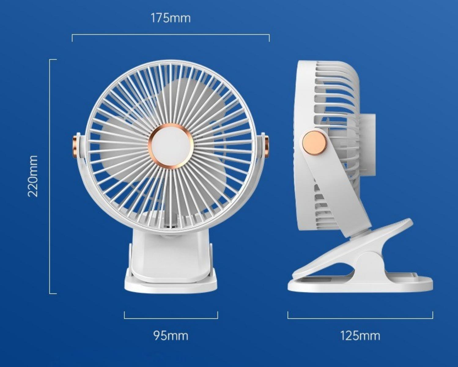 Diagramm zeigt die Abmessungen eines kleinen, weißen Ventilators mit einem Kupferzentrum, einschließlich Höhe, Breite und Tiefe.
