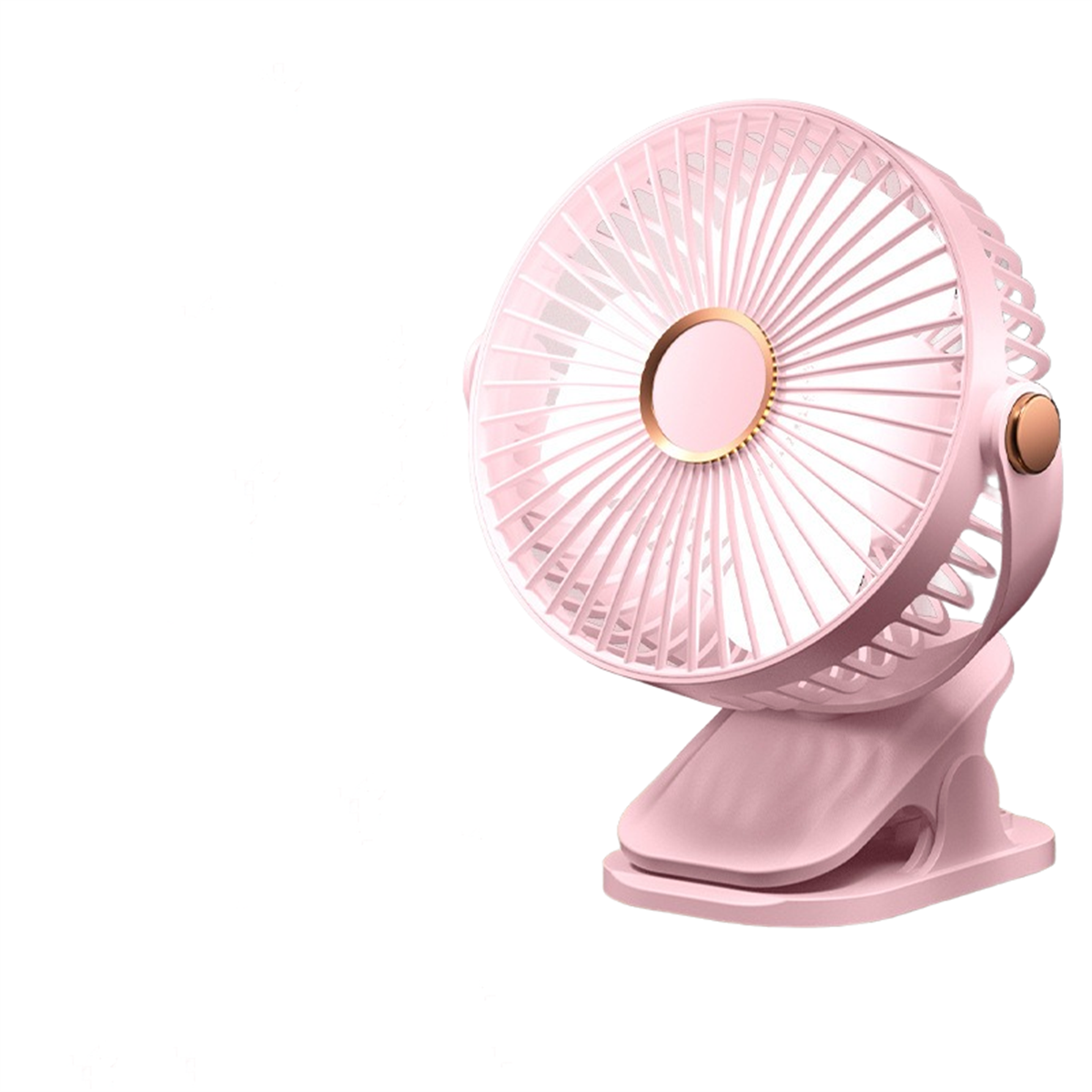 Ein kleiner, rosa Ventilator mit einem Kupferzentrum ist an einer Clipbasis befestigt. Der Ventilator ist nach oben und rechts geneigt.