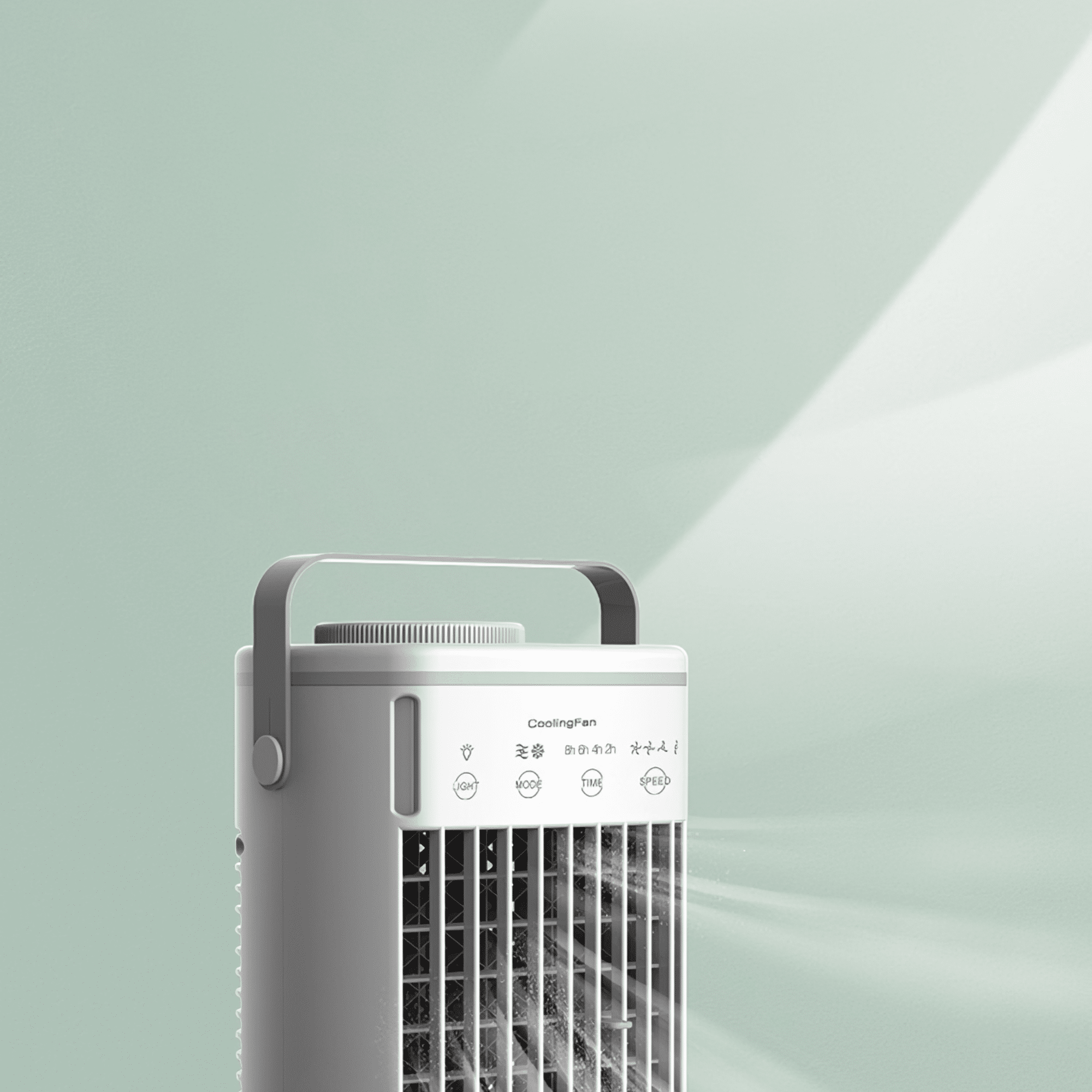 Weißer Kühlventilator mit Griff, Bedienfeld und grauen Akzenten. Hellgrüner Hintergrund mit Sonnenstrahlen.