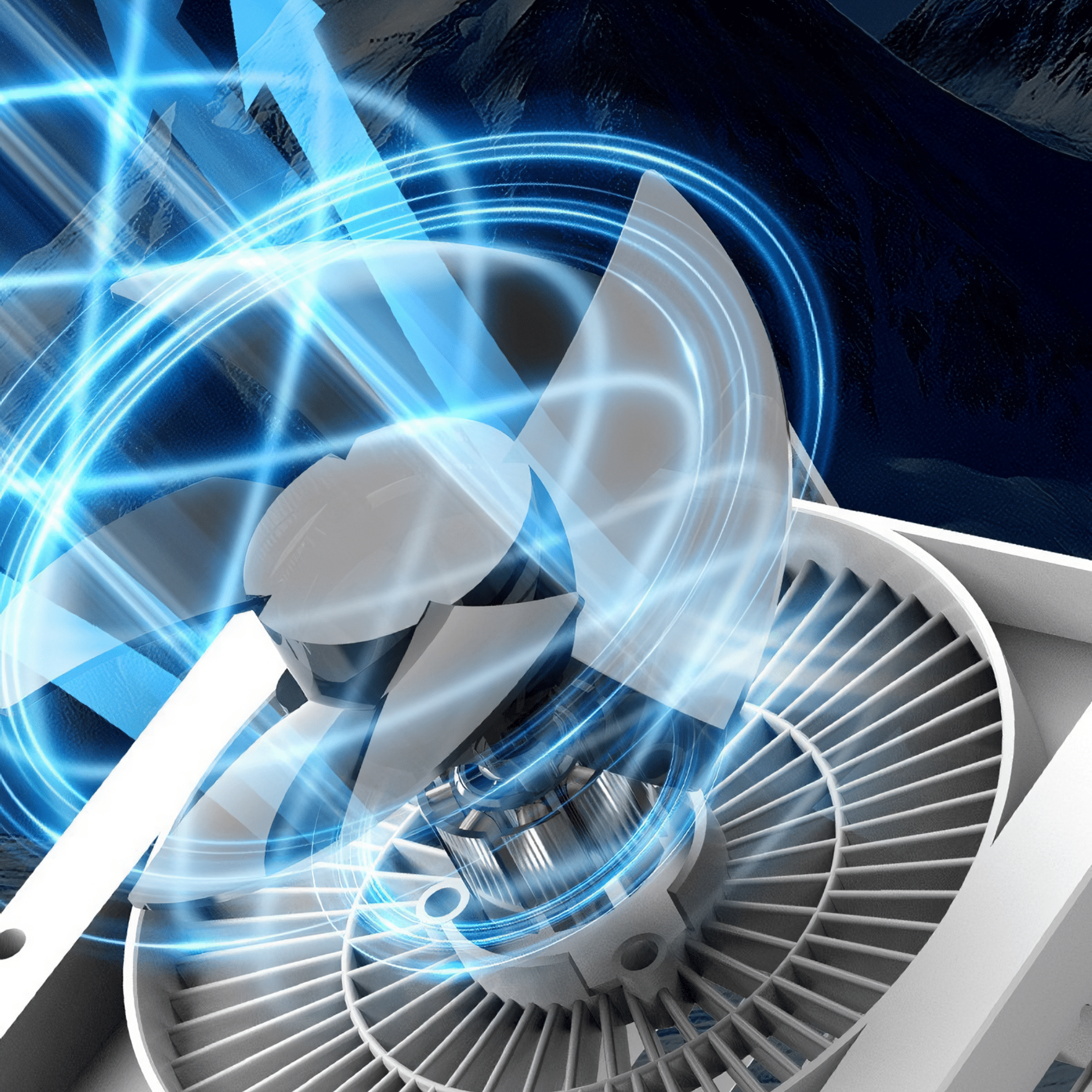 Nahaufnahme eines weißen Ventilators mit Flügeln. Blaue Energielinien gehen vom Mittelpunkt des Ventilators aus, Berge im Hintergrund.