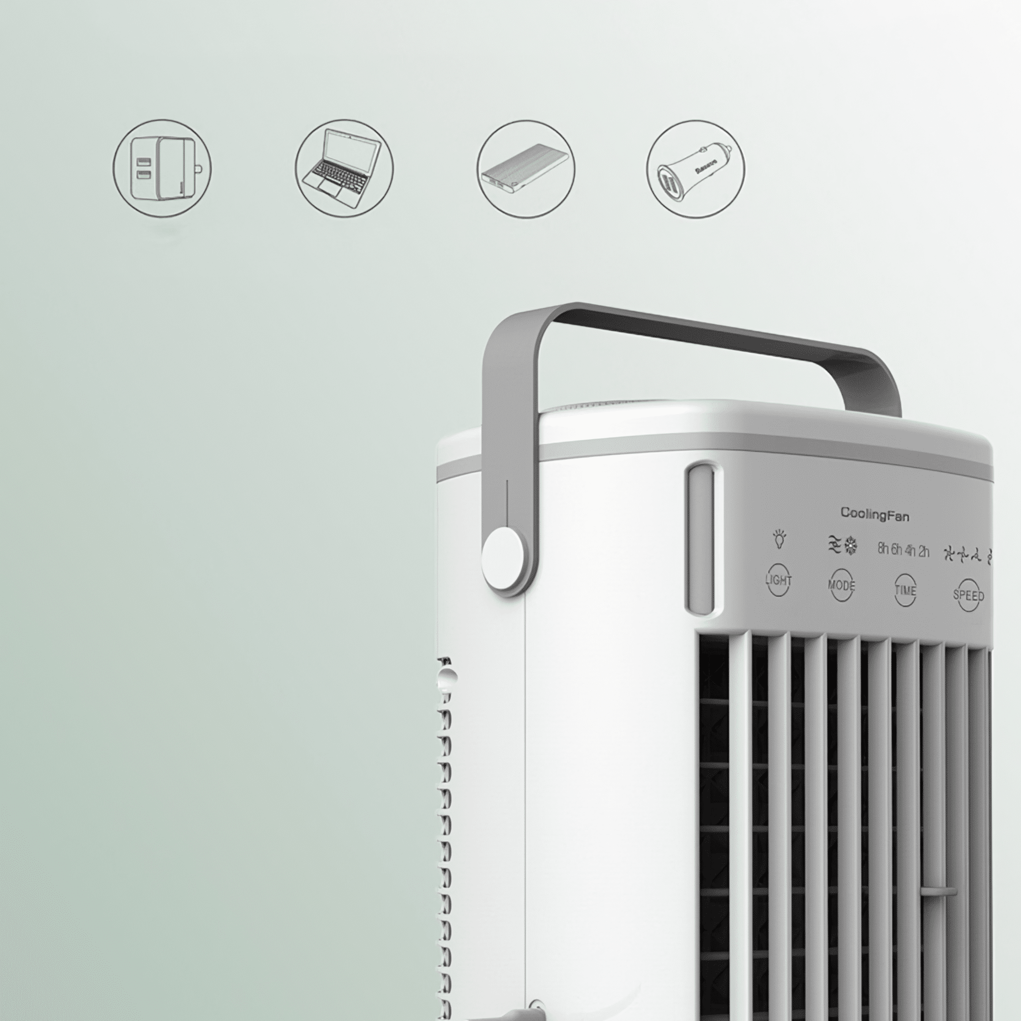 Weißer Kühlventilator mit Symbolen über dem Bedienfeld. Grauer Griff und hellgrüner Hintergrund.