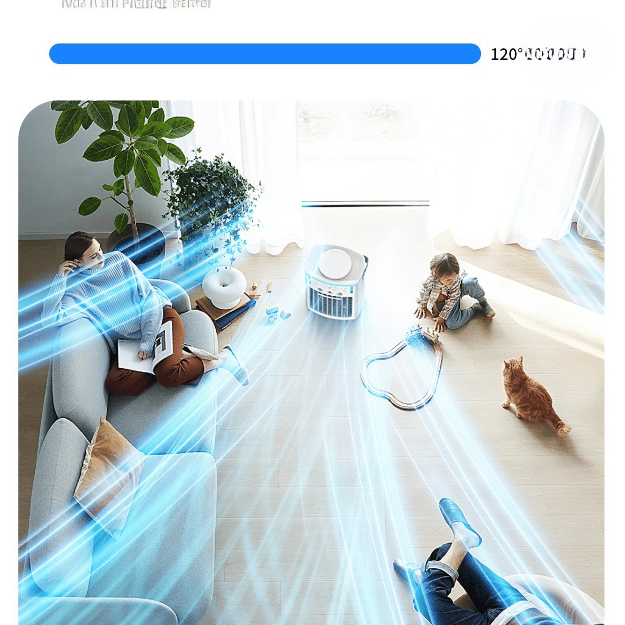 Eine Familie genießt einen Kühlventilator mit blauen Luftströmen. Menschen, ein Kind und eine Katze sind anwesend.