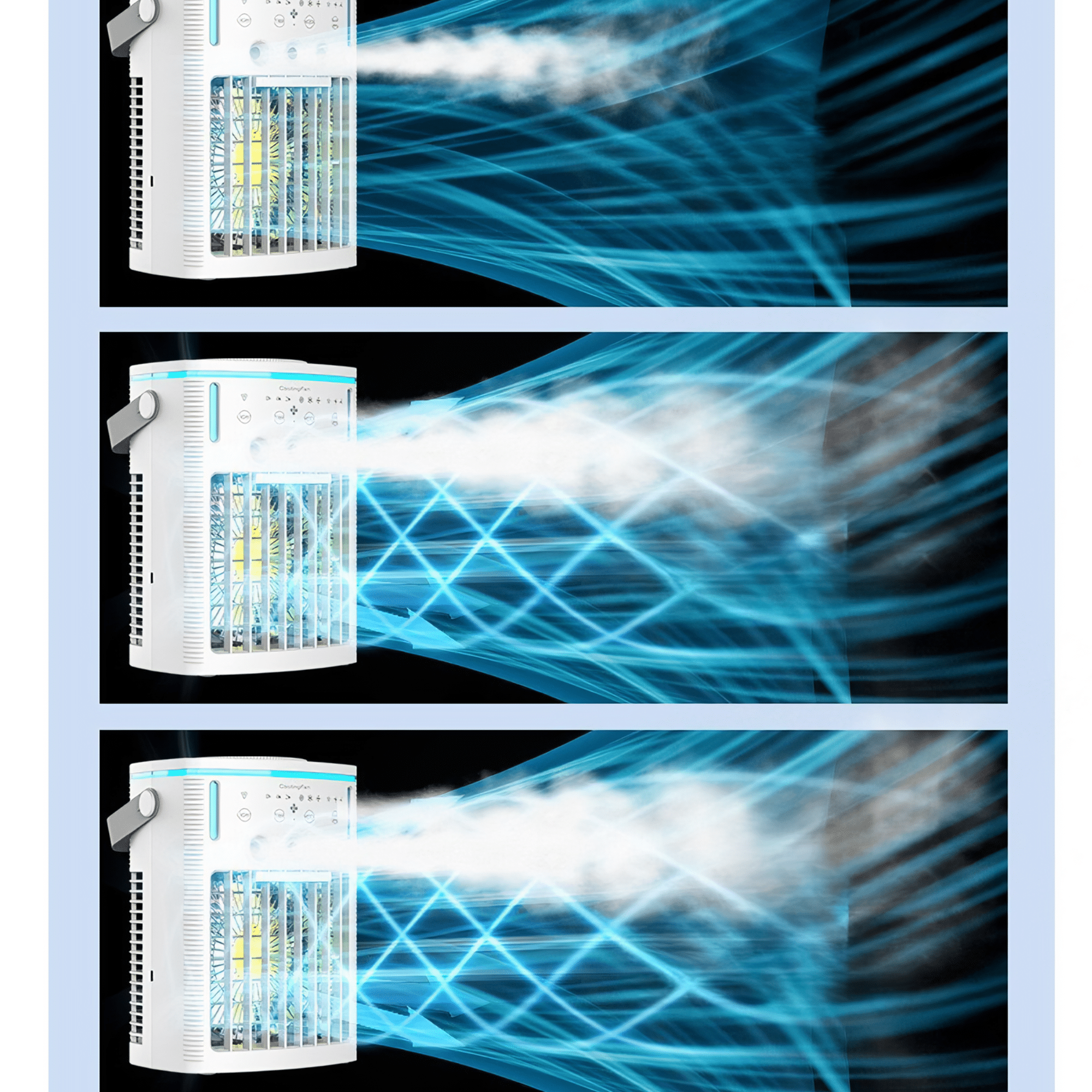 Drei Bilder eines weißen Kühlventilators mit blauen Luftströmen. Die Ventilatoren stehen auf schwarzem Grund.