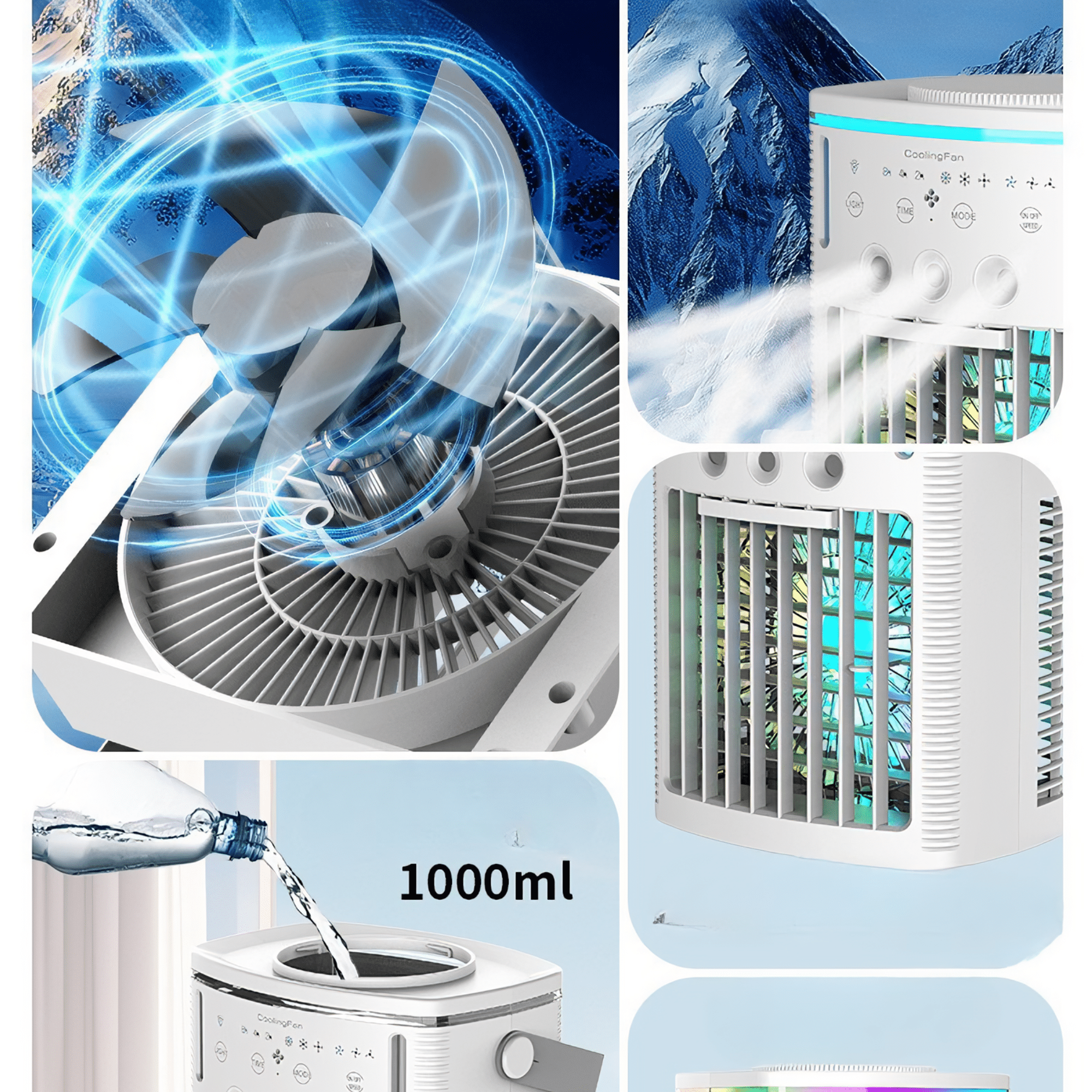 Mehrere Bilder, die einen Kühlventilator zeigen. Eines zeigt das Innere des Ventilators, ein anderes, wie er mit Wasser gefüllt wird.