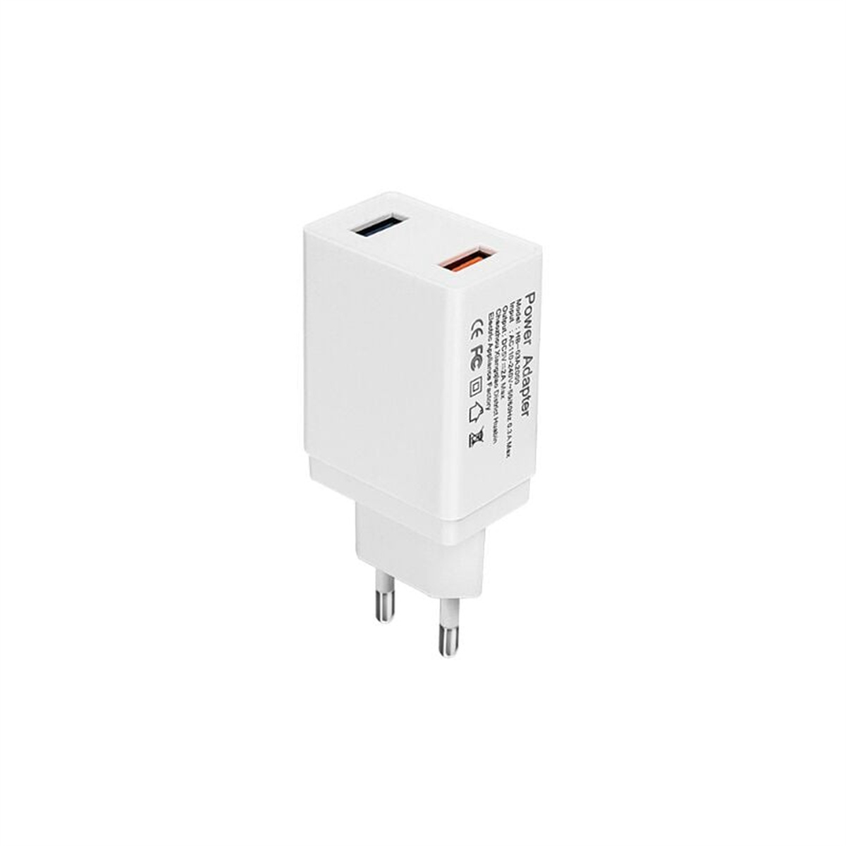 Weißer Netzadapter mit blauen und roten USB-Anschlüssen und zwei Stiften. Der Text darauf ist chinesisch.
